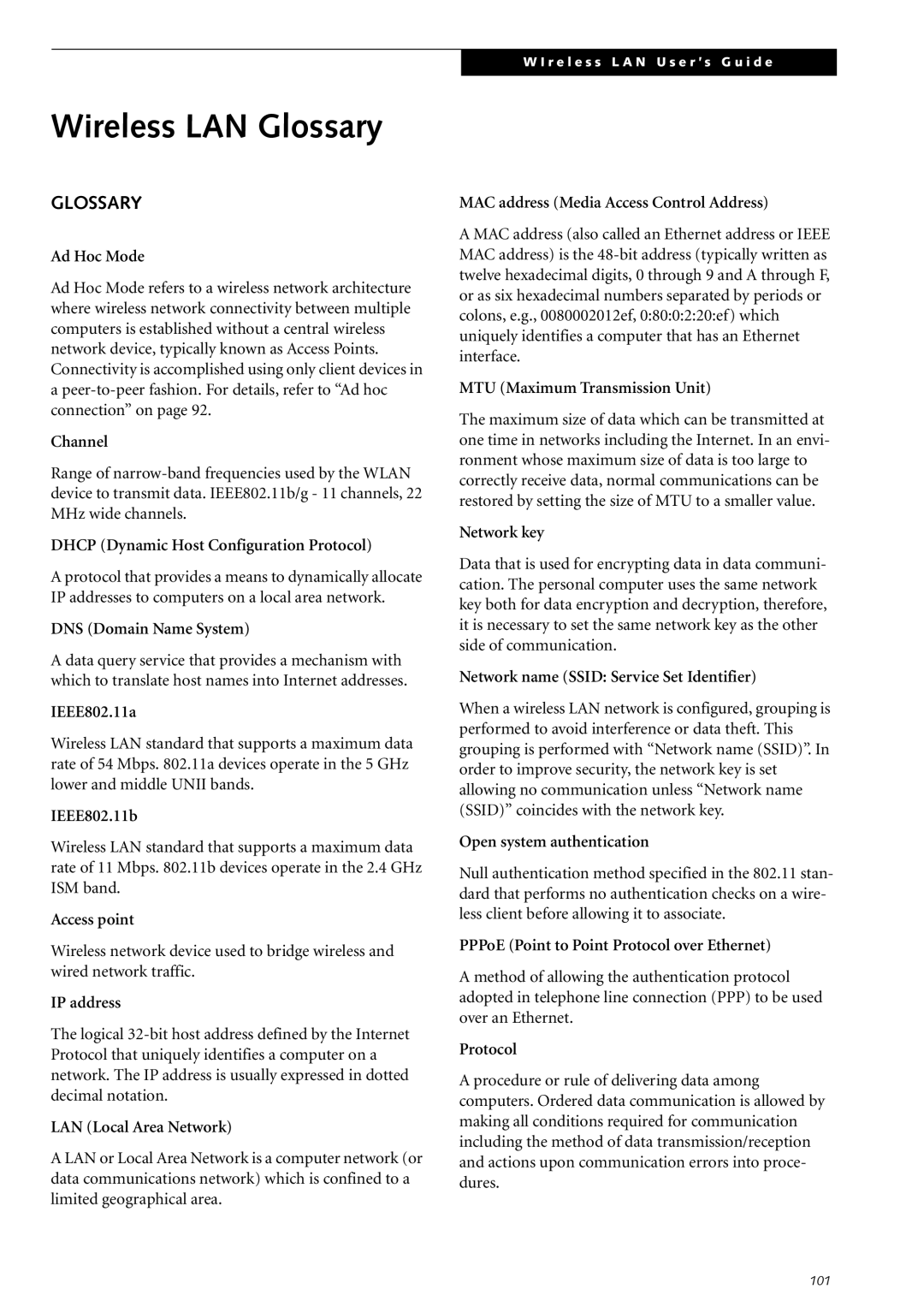 Fujitsu Siemens Computers S2210 manual Wireless LAN Glossary 