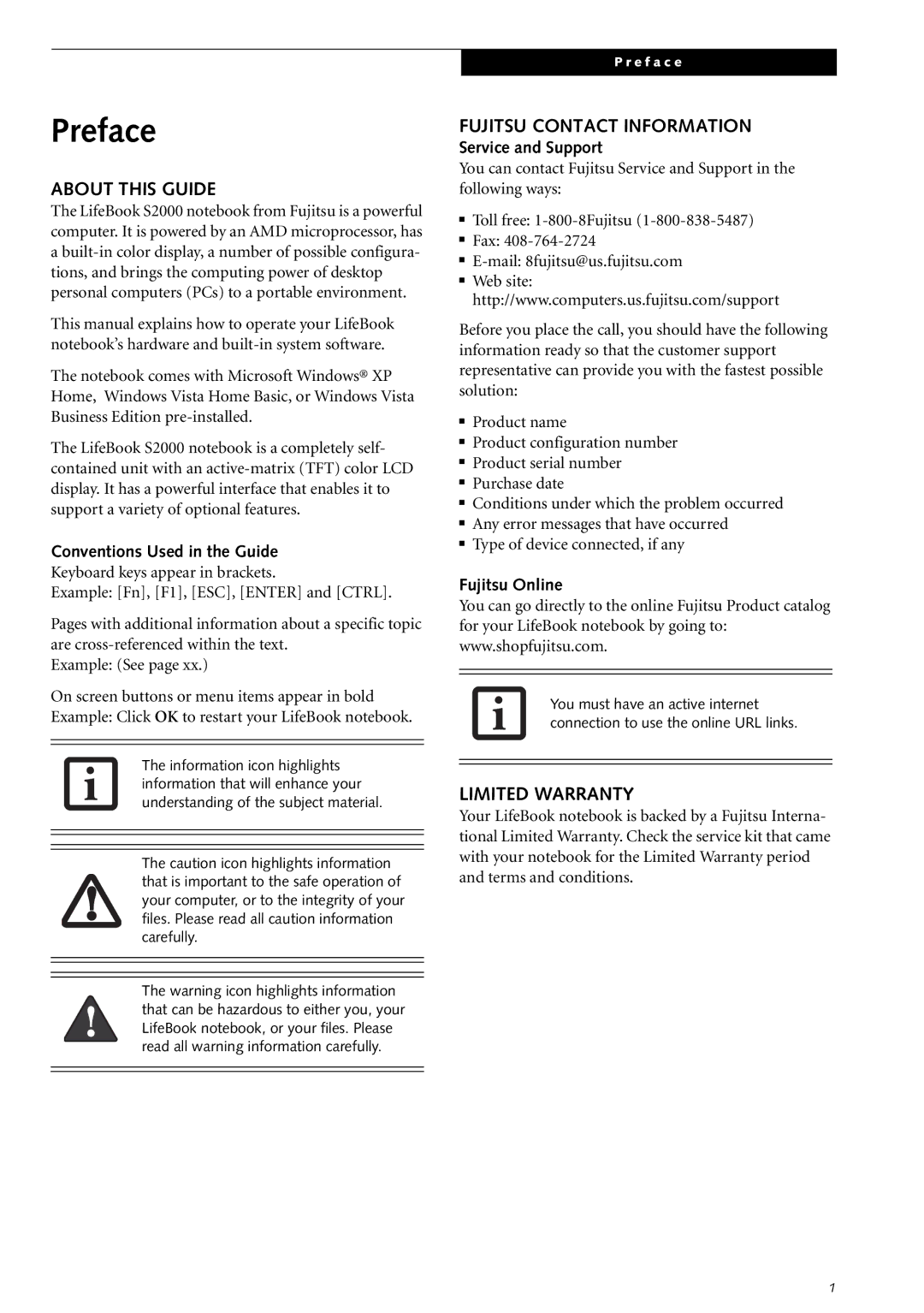 Fujitsu Siemens Computers S2210 manual Preface, About this Guide, Fujitsu Contact Information, Limited Warranty 