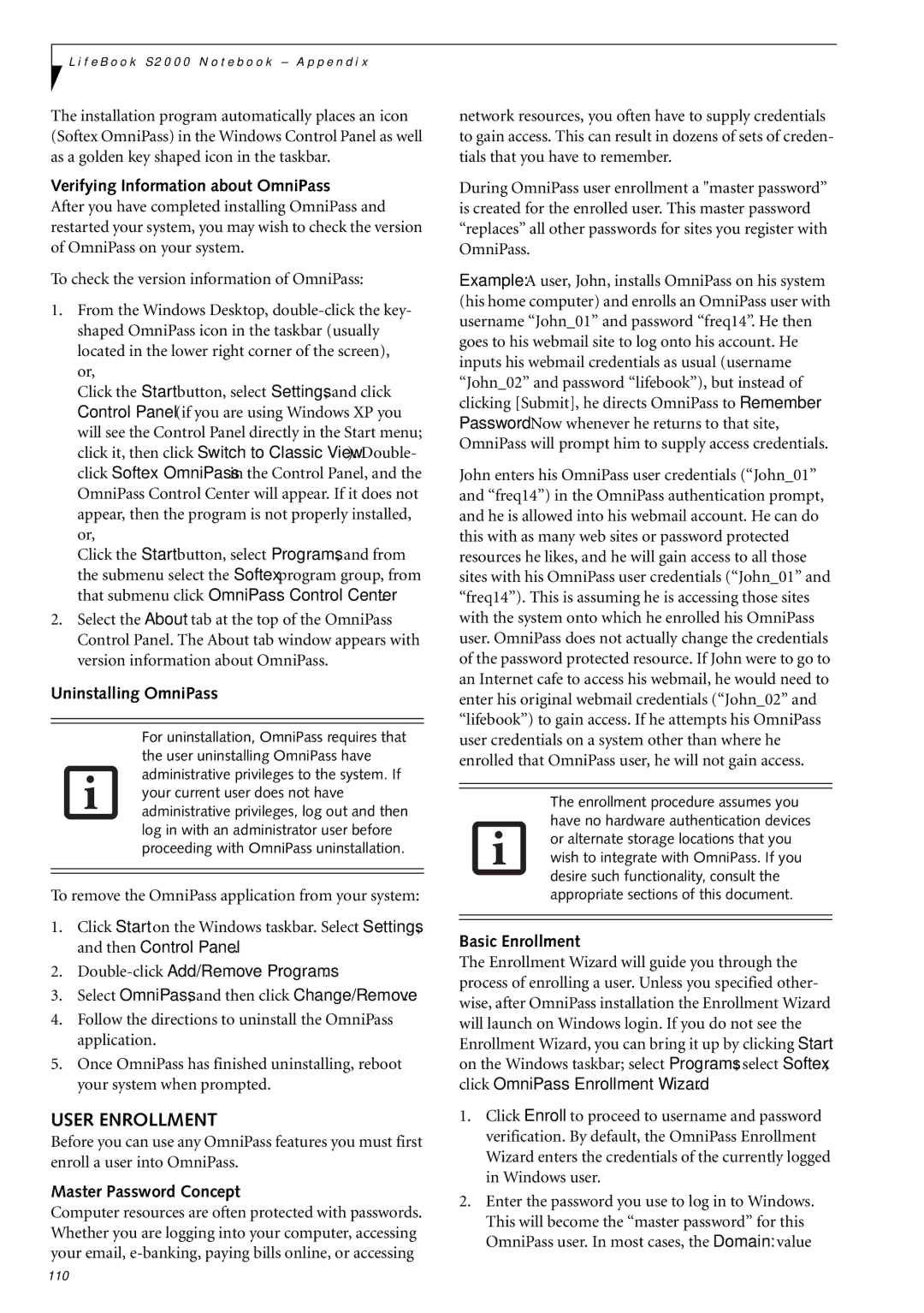 Fujitsu Siemens Computers S2210 manual User Enrollment, Verifying Information about OmniPass, Uninstalling OmniPass 