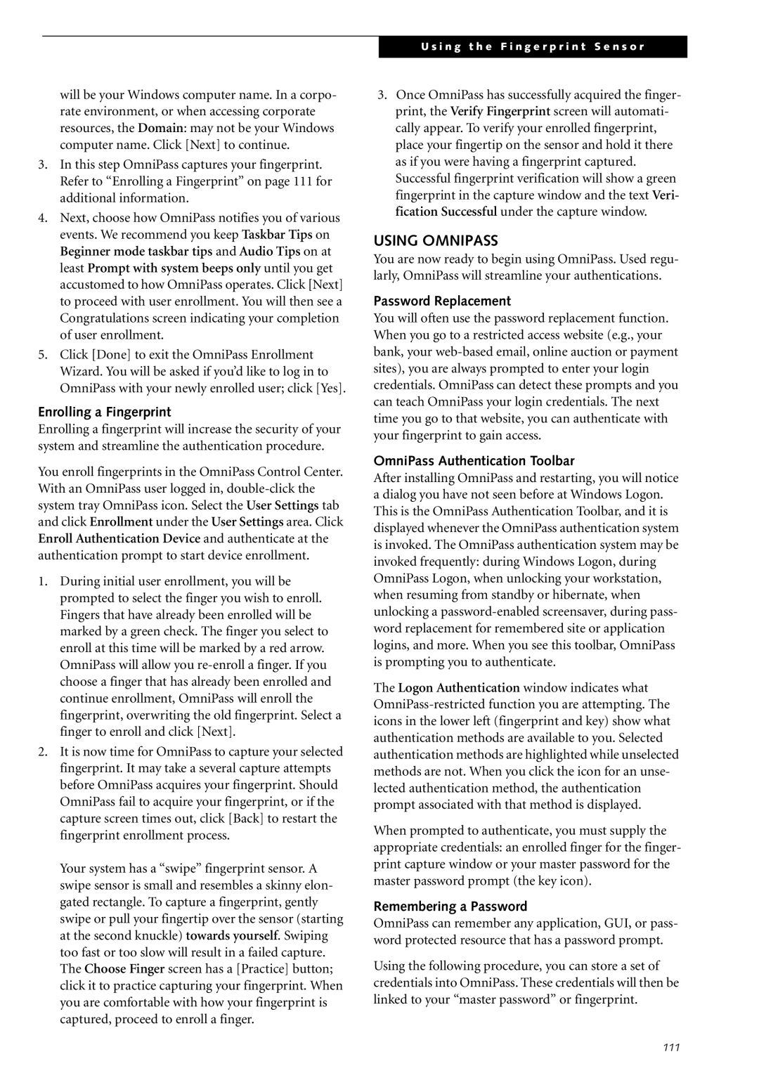 Fujitsu Siemens Computers S2210 Using Omnipass, Enrolling a Fingerprint, Password Replacement, Remembering a Password 