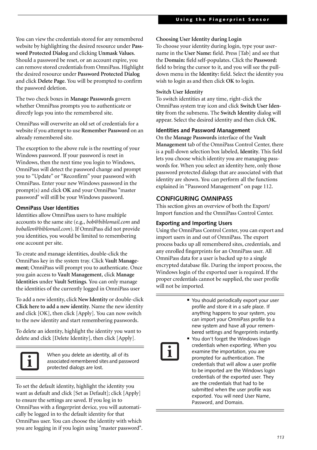 Fujitsu Siemens Computers S2210 manual Configuring Omnipass, OmniPass User Identities, Identities and Password Management 