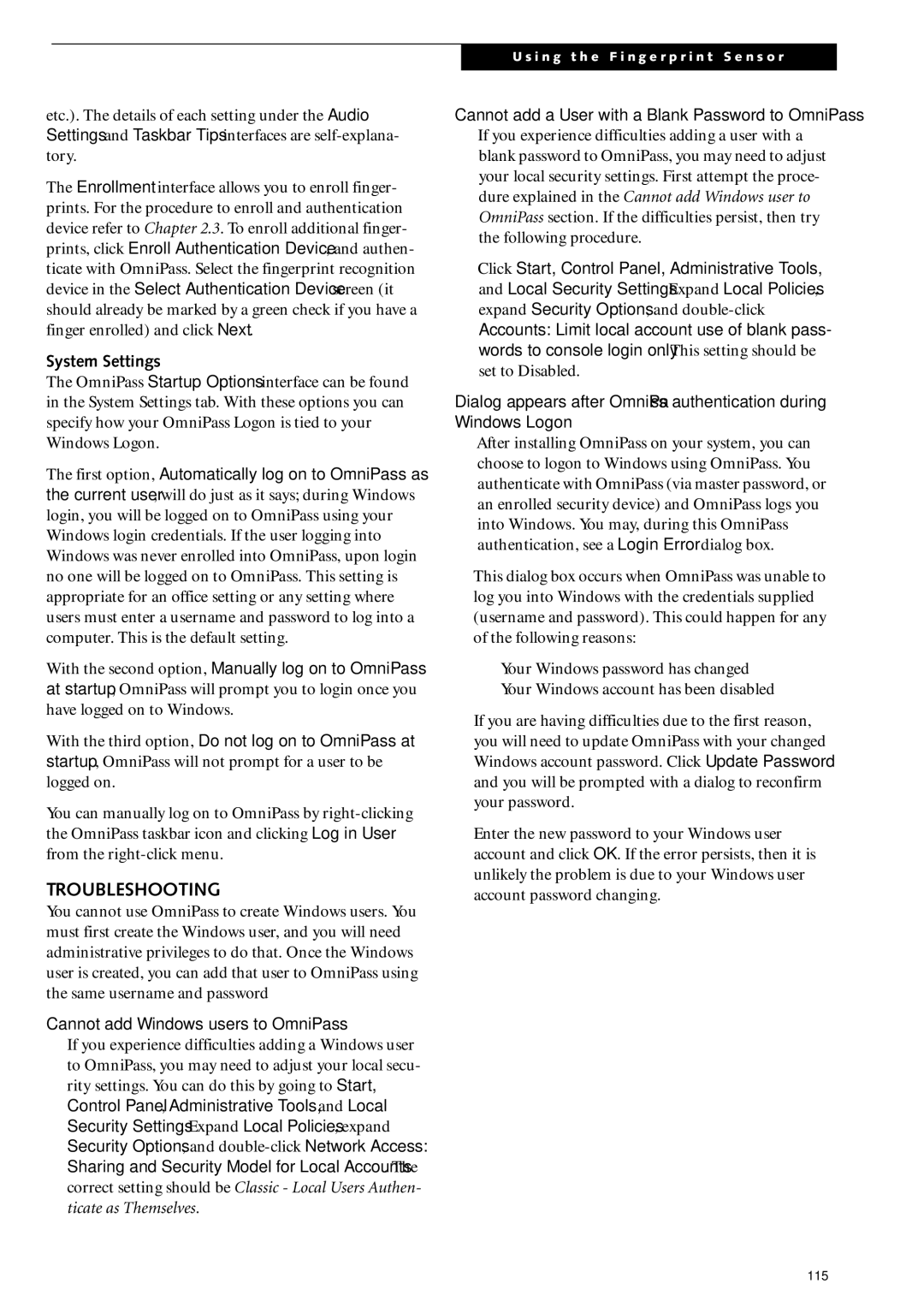 Fujitsu Siemens Computers S2210 manual Troubleshooting, System Settings, First option, Automatically log on to OmniPass as 