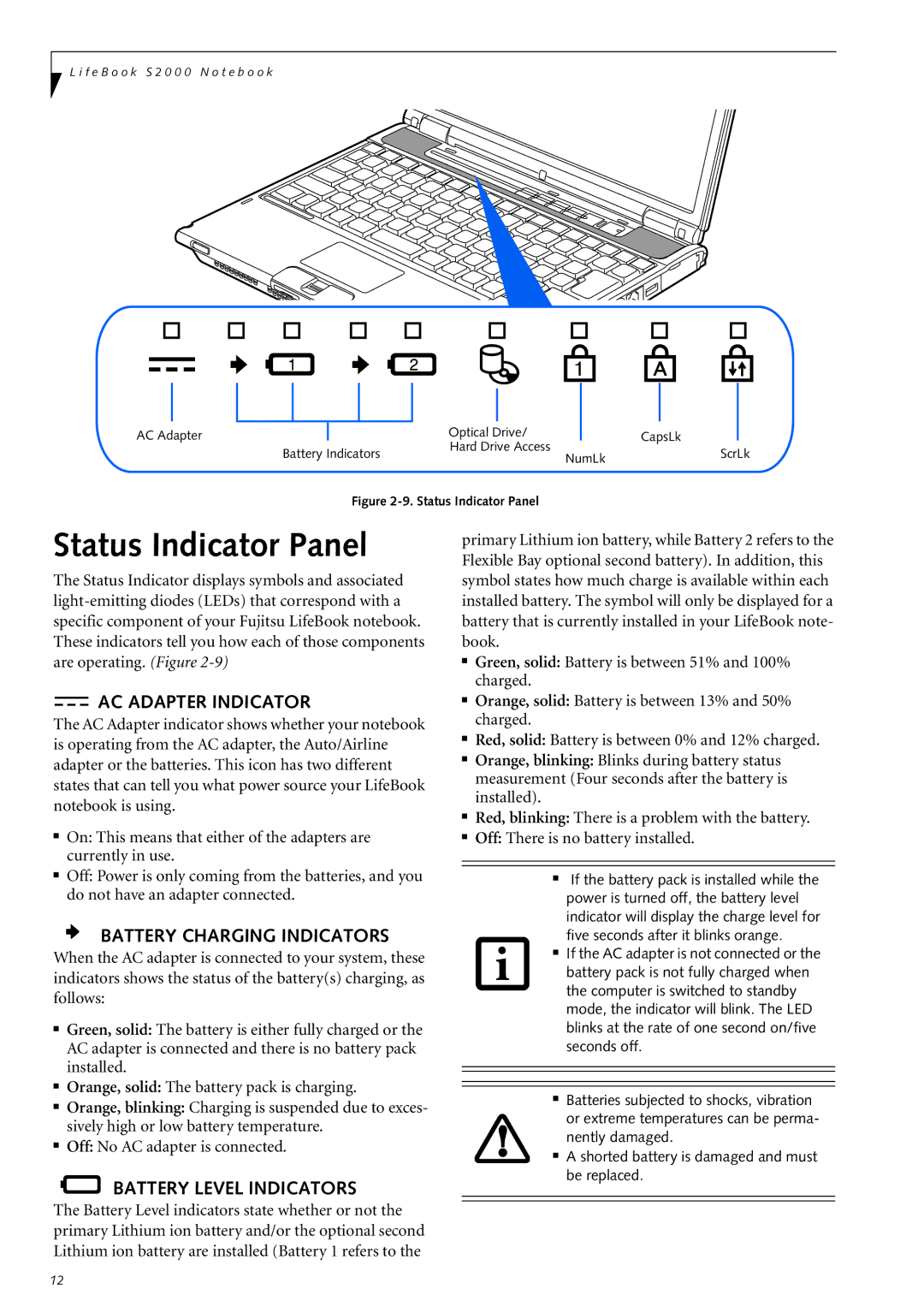 Fujitsu Siemens Computers S2210 manual Status Indicator Panel, AC Adapter Indicator, Battery Charging Indicators 