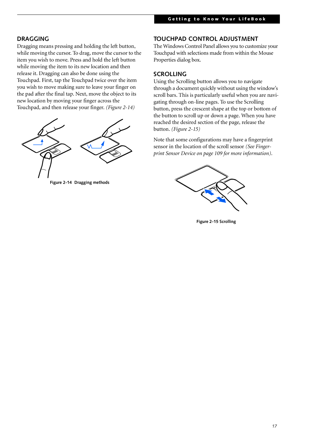 Fujitsu Siemens Computers S2210 manual Dragging, Touchpad Control Adjustment, Scrolling 