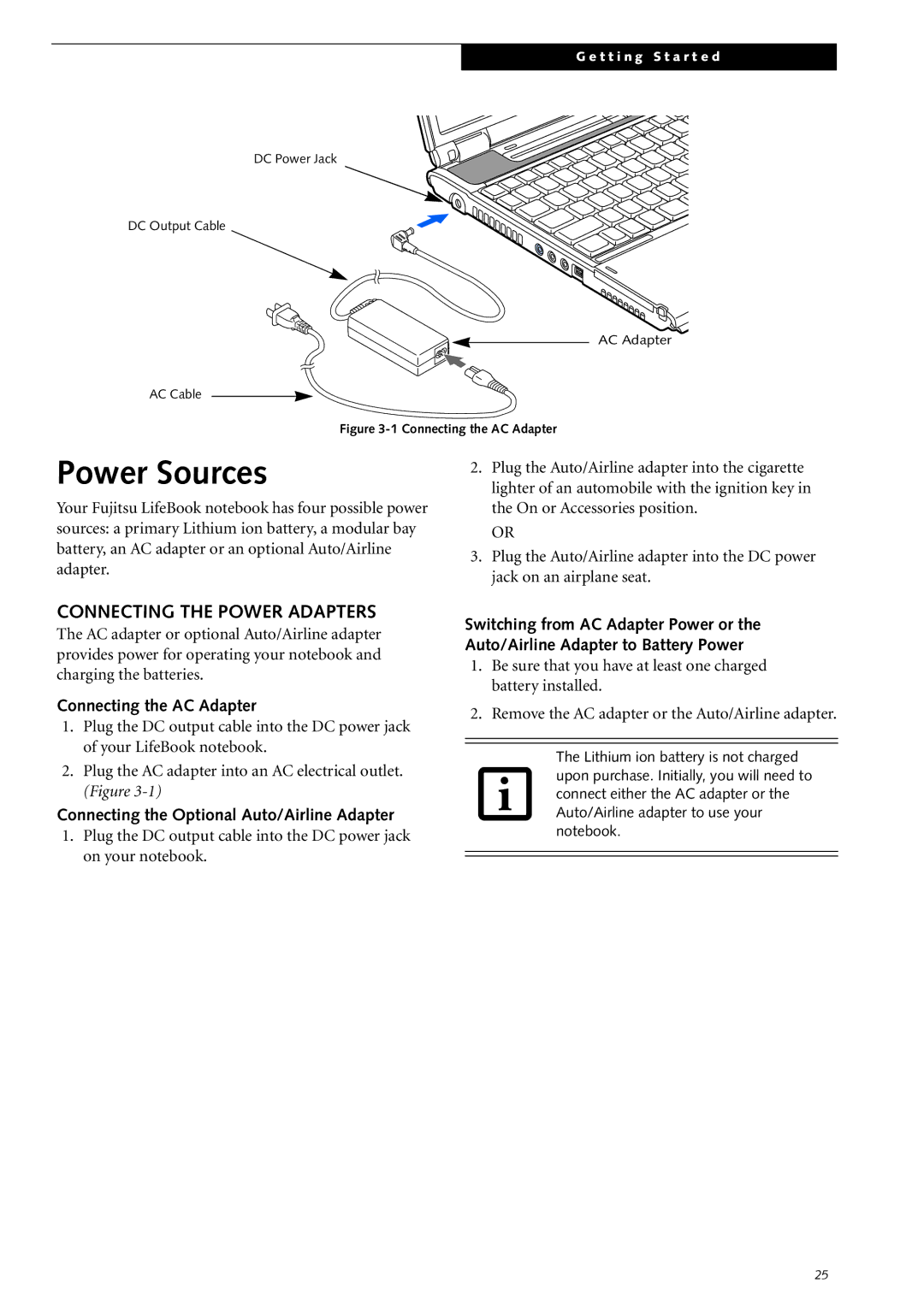 Fujitsu Siemens Computers S2210 manual Power Sources, Connecting the Power Adapters, Connecting the AC Adapter 