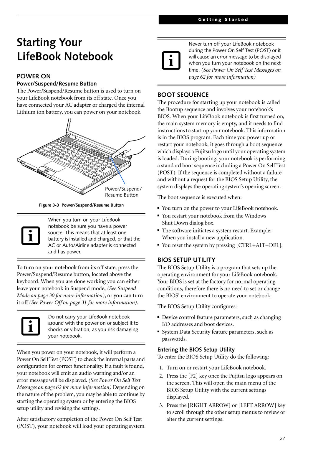 Fujitsu Siemens Computers S2210 manual Starting Your LifeBook Notebook, Power on, Boot Sequence, Bios Setup Utility 