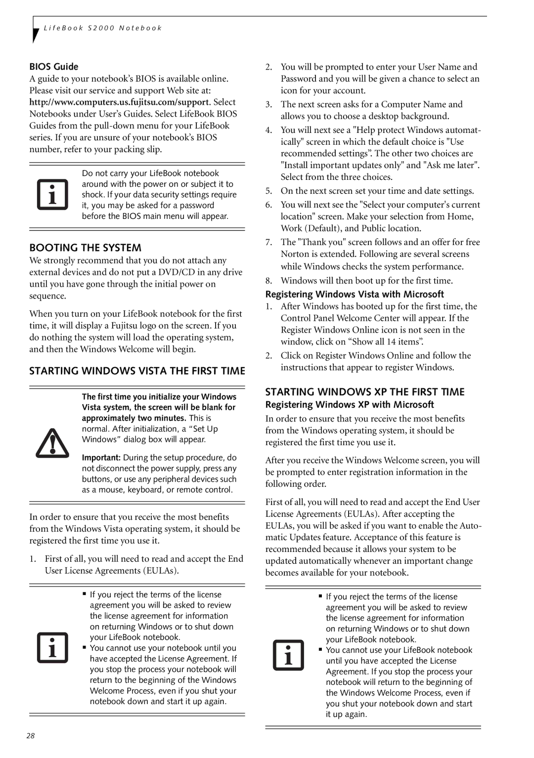 Fujitsu Siemens Computers S2210 manual Booting the System, Starting Windows Vista the First Time 