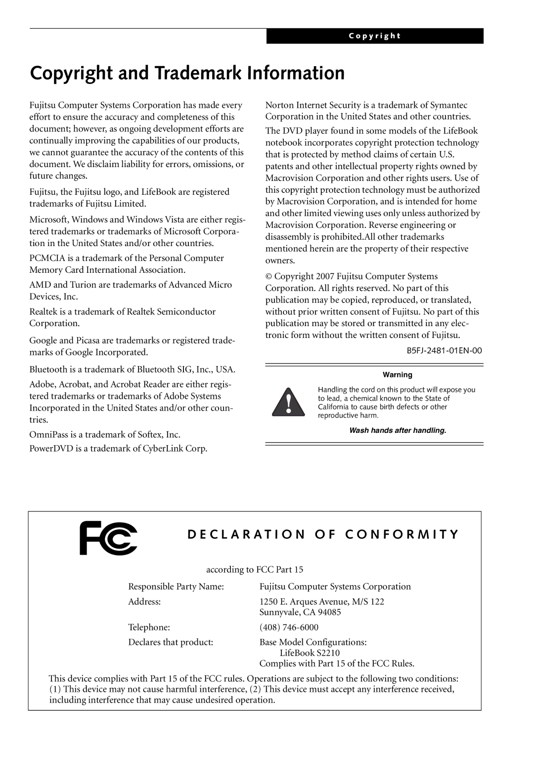 Fujitsu Siemens Computers S2210 manual Copyright and Trademark Information, B5FJ-2481-01EN-00 