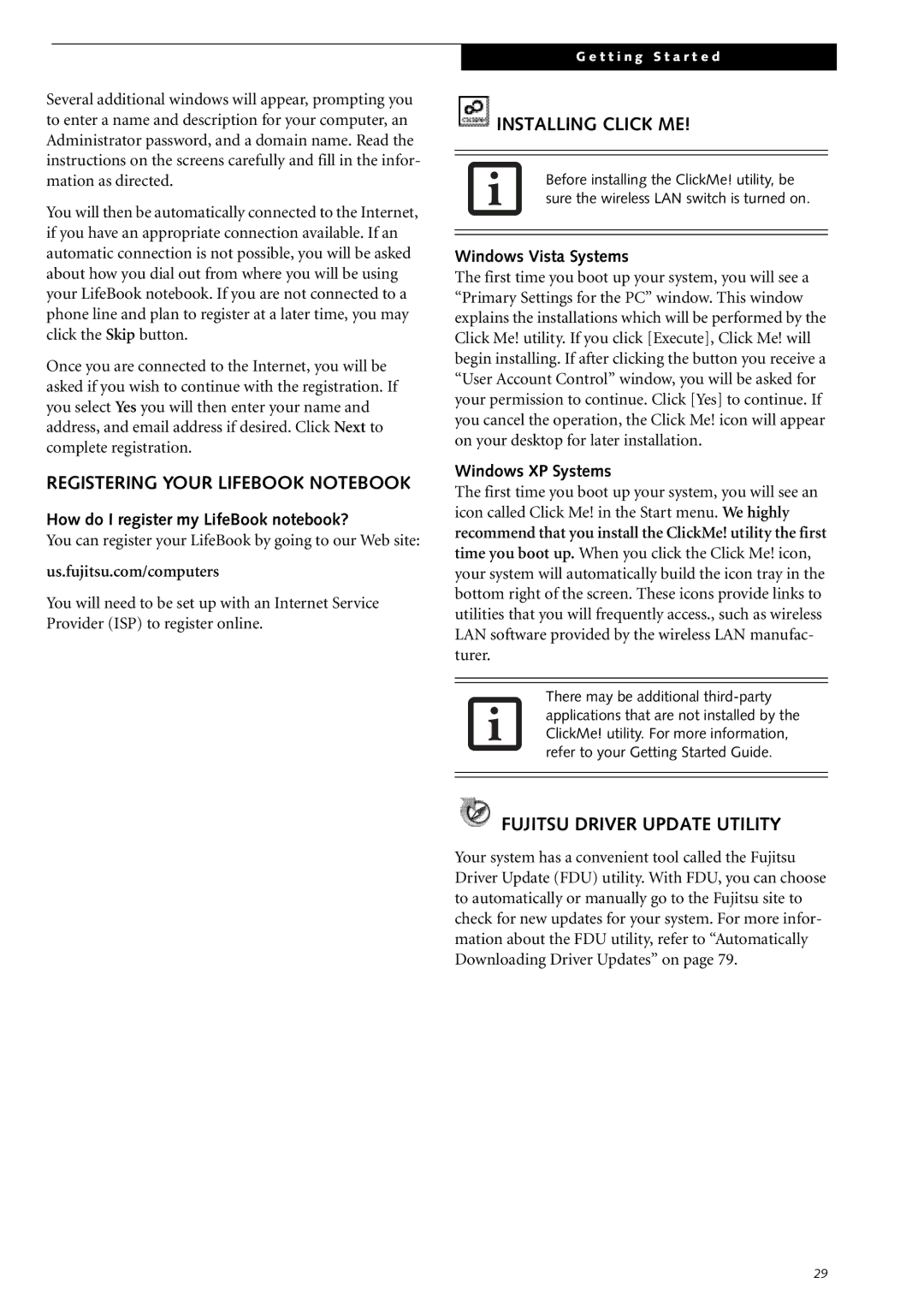 Fujitsu Siemens Computers S2210 Registering Your Lifebook Notebook, Installing Click ME, Fujitsu Driver Update Utility 