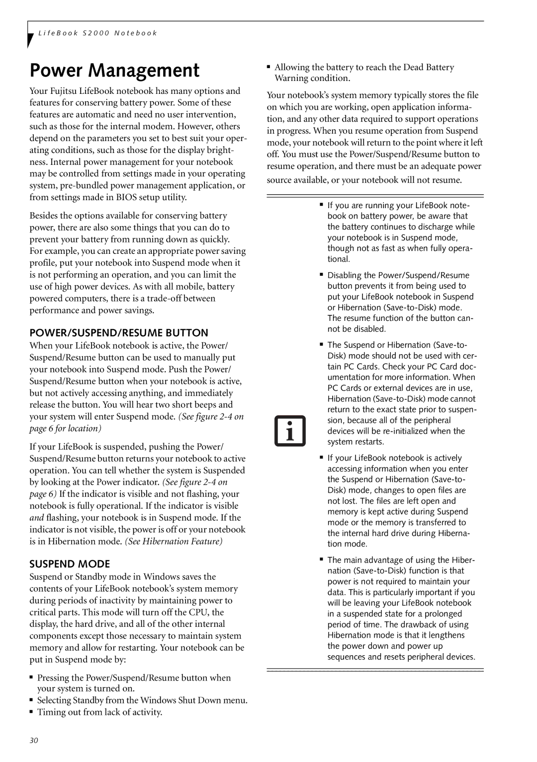 Fujitsu Siemens Computers S2210 manual Power Management, POWER/SUSPEND/RESUME Button, Suspend Mode 