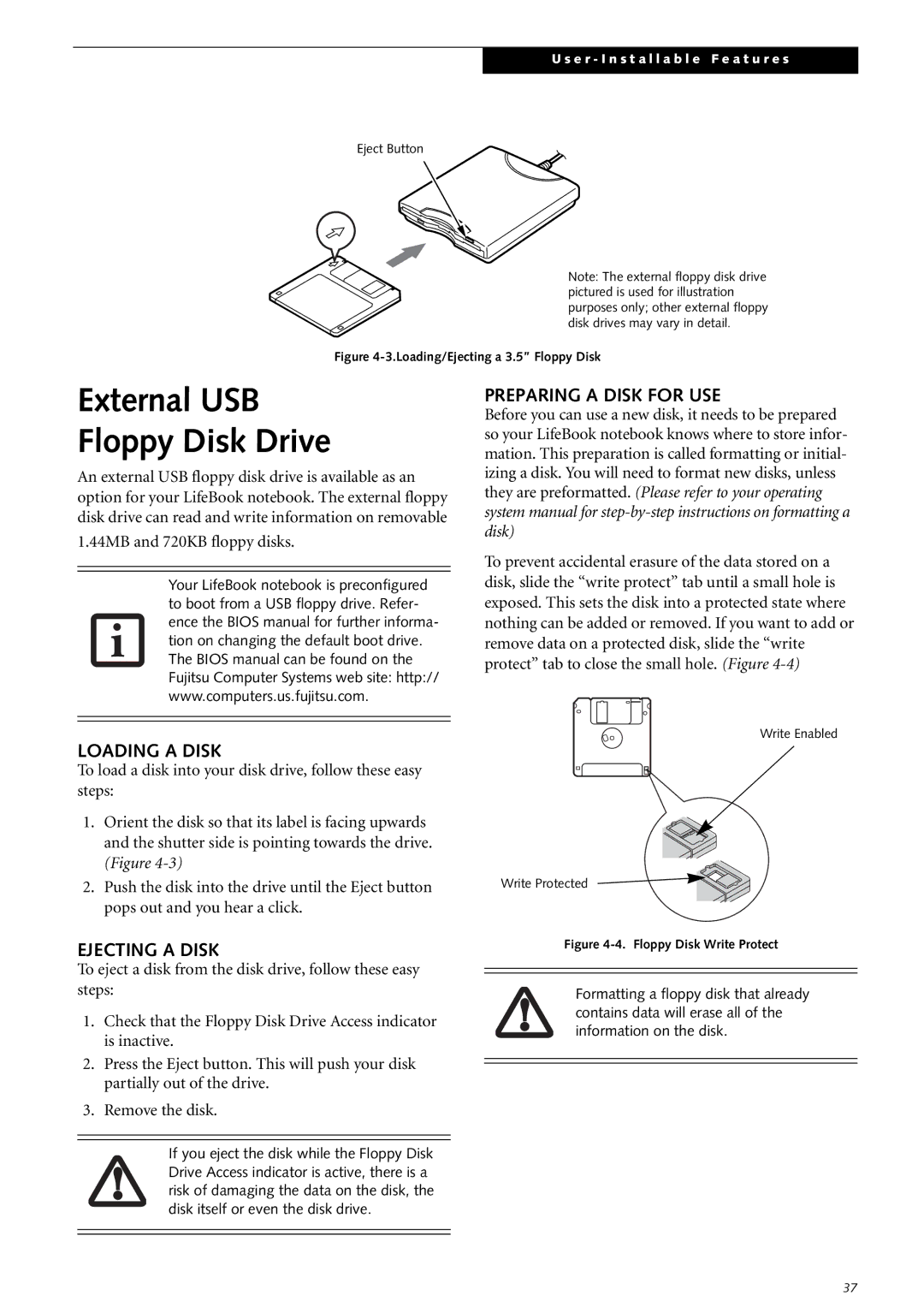 Fujitsu Siemens Computers S2210 External USB Floppy Disk Drive, Loading a Disk, Ejecting a Disk, Preparing a Disk for USE 