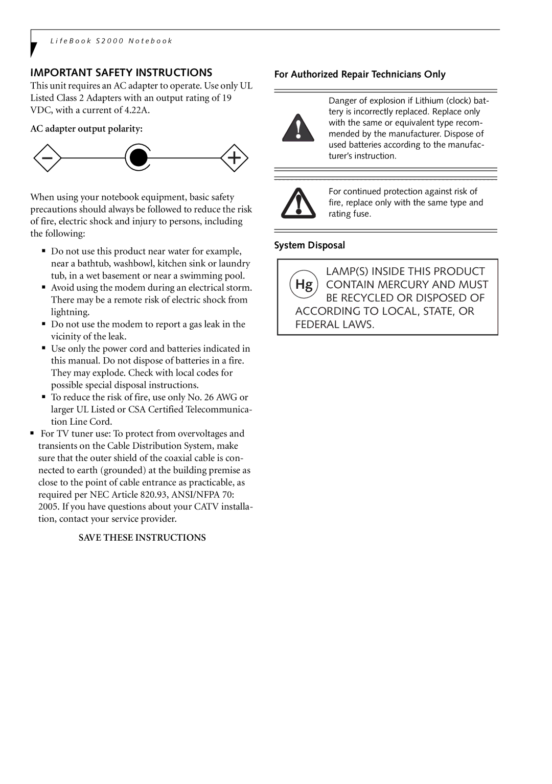 Fujitsu Siemens Computers S2210 manual Important Safety Instructions, AC adapter output polarity, System Disposal 