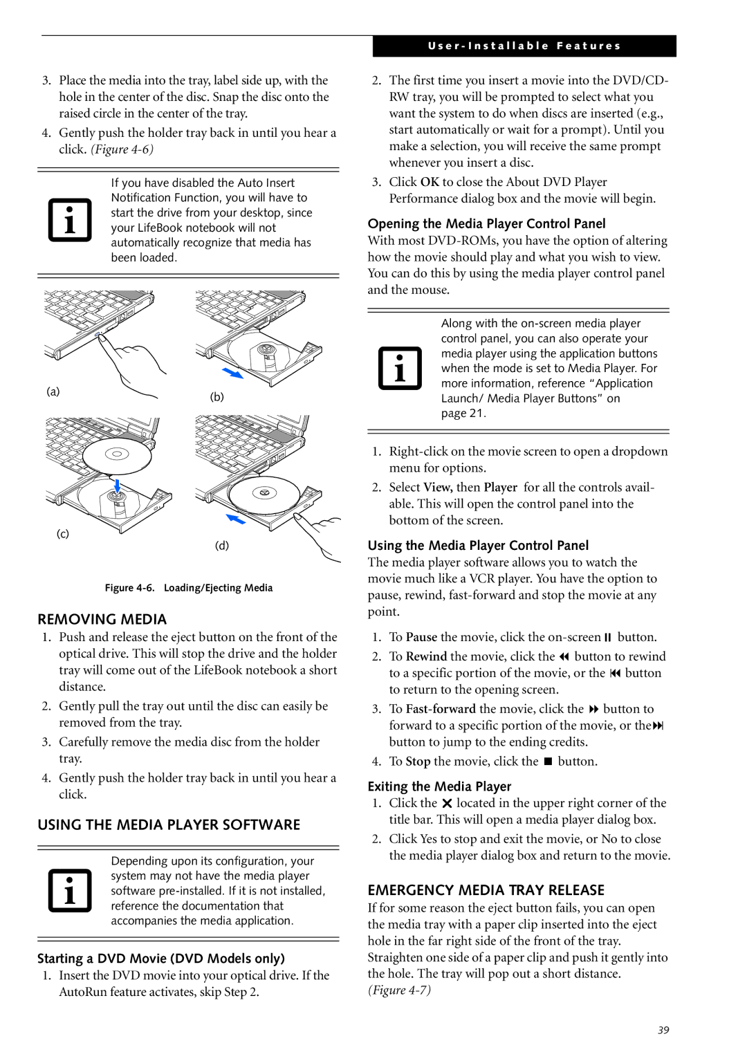 Fujitsu Siemens Computers S2210 manual Removing Media, Using the Media Player Software, Emergency Media Tray Release 