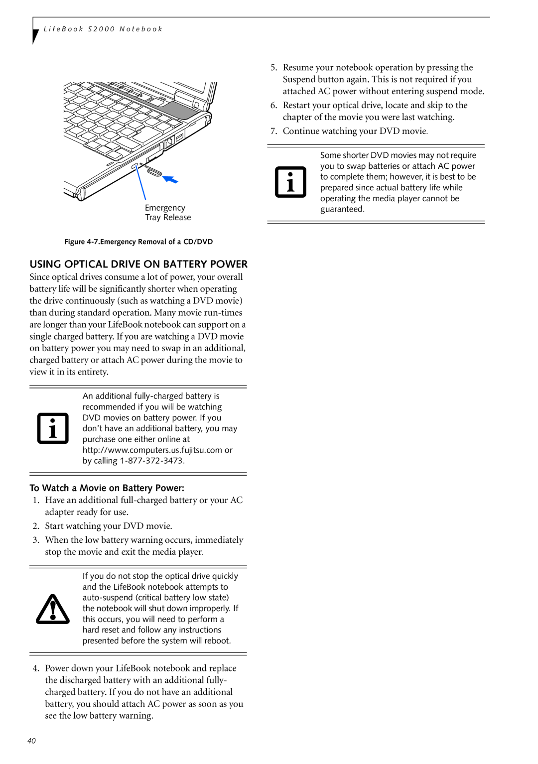 Fujitsu Siemens Computers S2210 manual Using Optical Drive on Battery Power, To Watch a Movie on Battery Power 