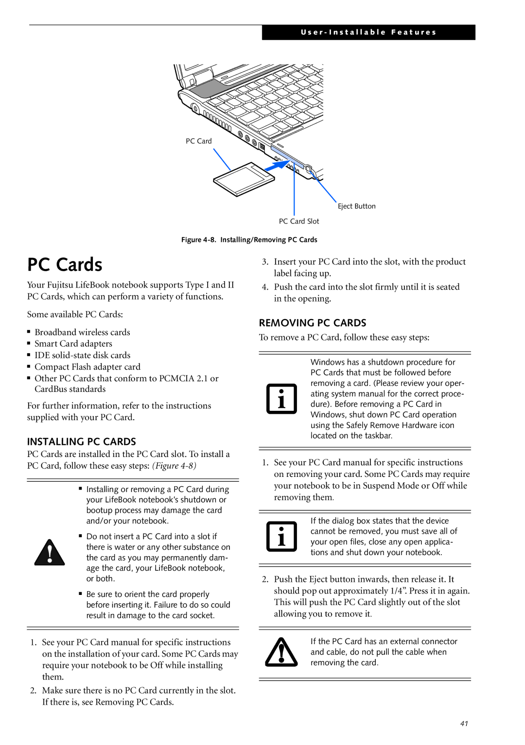 Fujitsu Siemens Computers S2210 manual Installing PC Cards, Removing PC Cards 