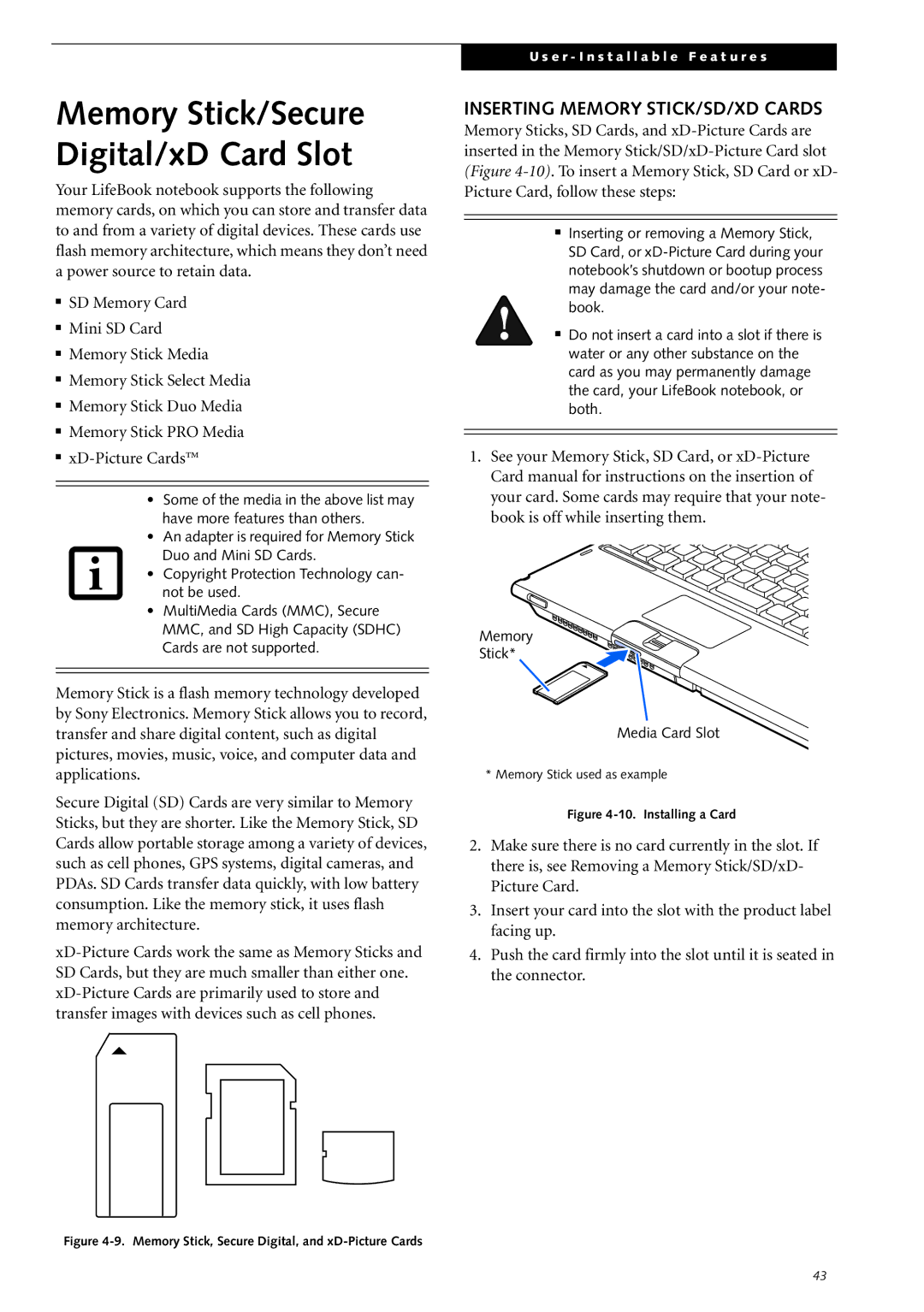 Fujitsu Siemens Computers S2210 manual Memory Stick/Secure Digital/xD Card Slot, Inserting Memory STICK/SD/XD Cards 