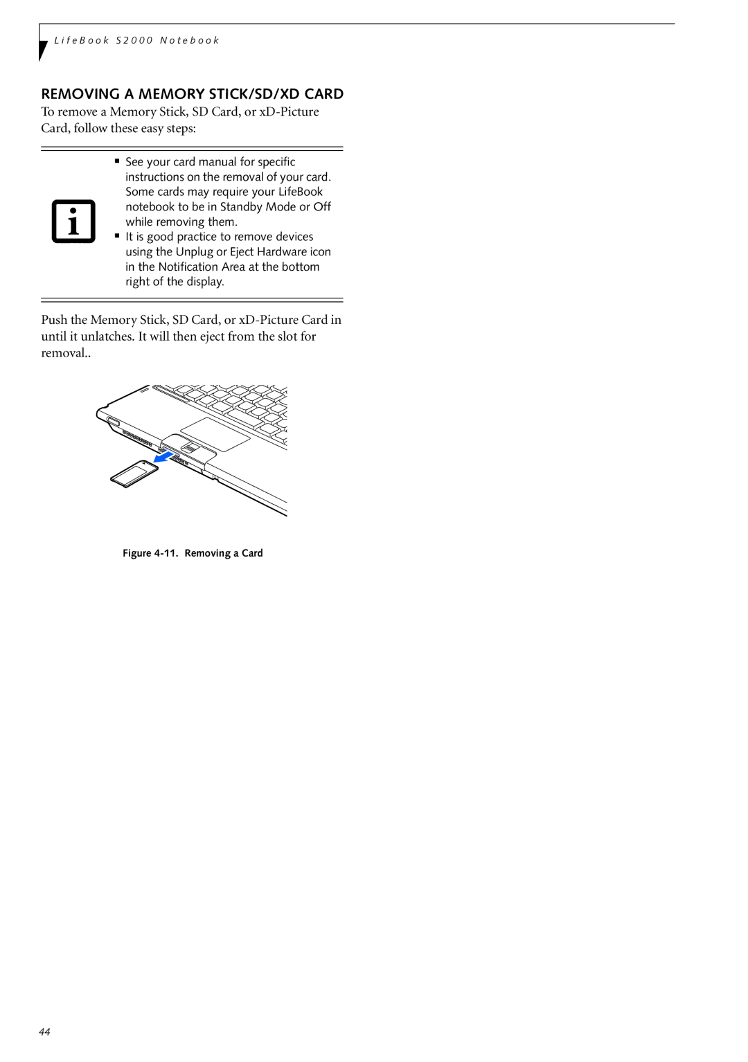 Fujitsu Siemens Computers S2210 manual Removing a Memory STICK/SD/XD Card, Removing a Card 