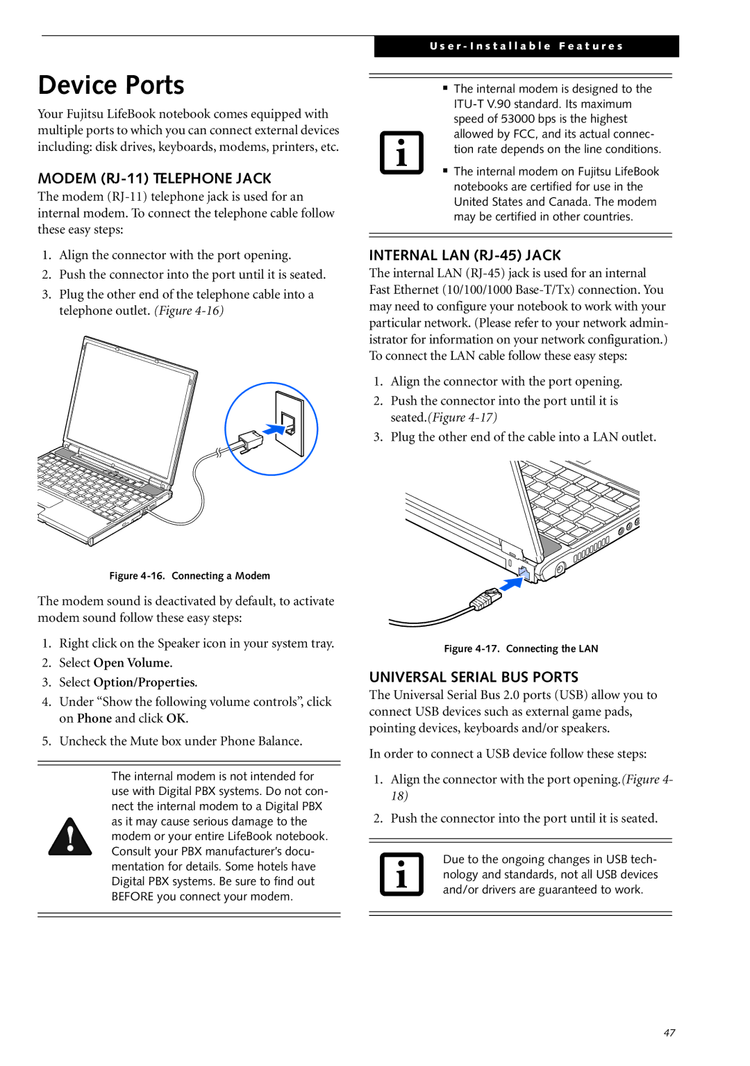 Fujitsu Siemens Computers S2210 manual Device Ports, Modem RJ-11 Telephone Jack, Internal LAN RJ-45 Jack 