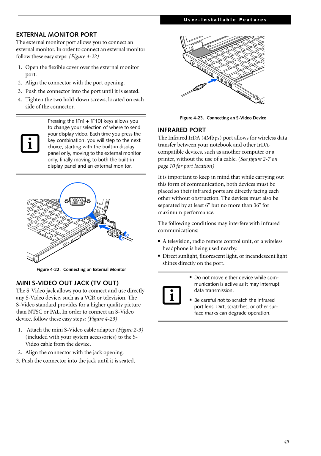 Fujitsu Siemens Computers S2210 manual External Monitor Port, Mini S-VIDEO OUT Jack TV OUT, Infrared Port 