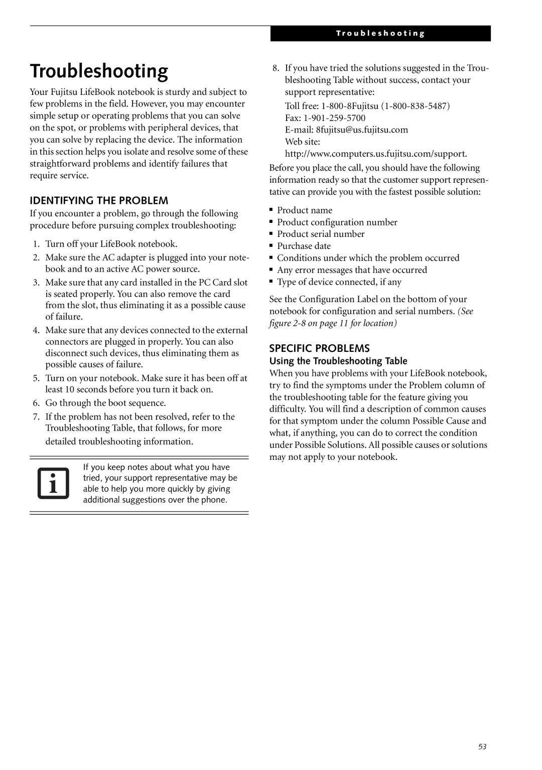 Fujitsu Siemens Computers S2210 manual Troubleshooting, Identifying the Problem, Specific Problems 