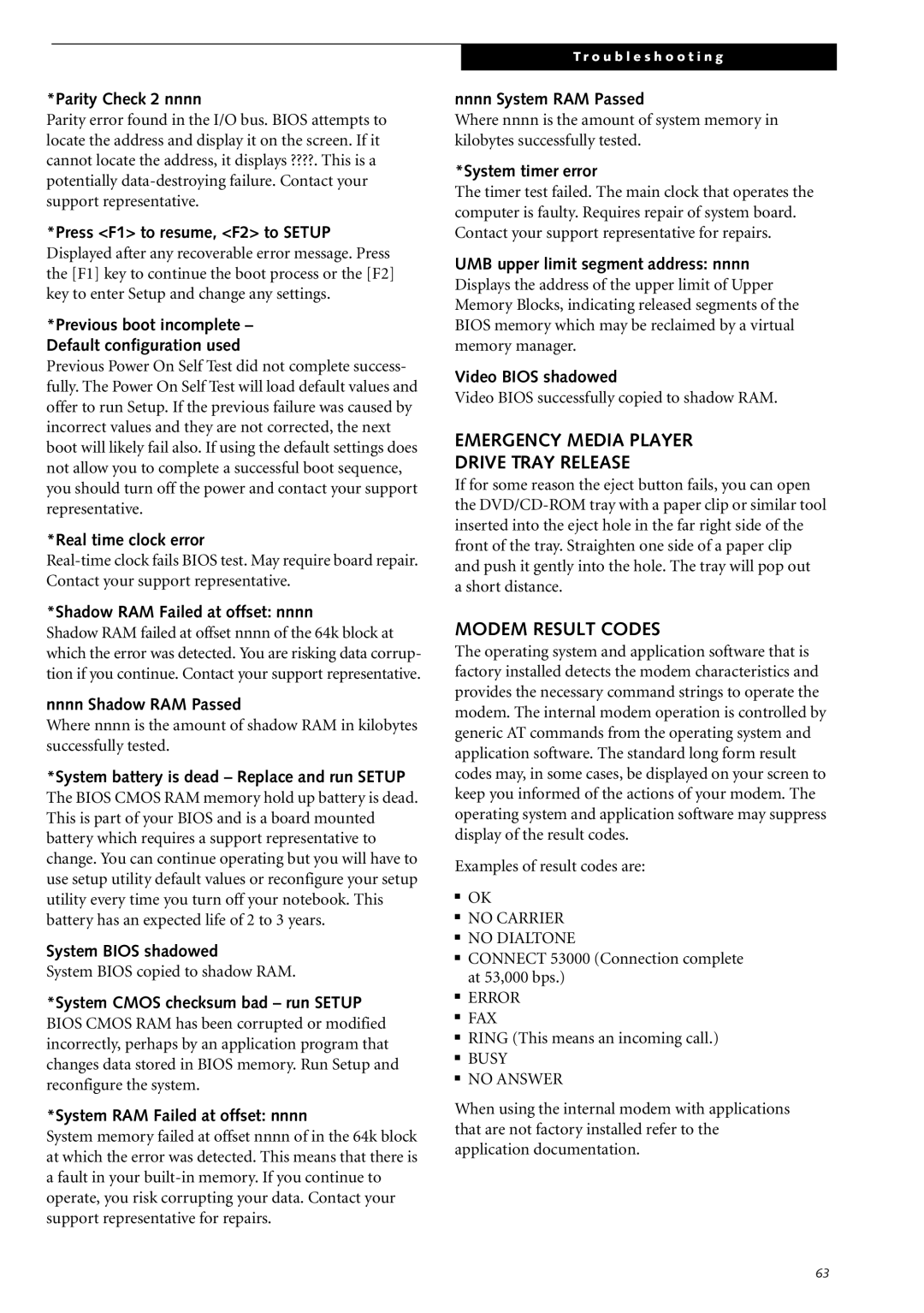 Fujitsu Siemens Computers S2210 manual Emergency Media Player Drive Tray Release, Modem Result Codes 