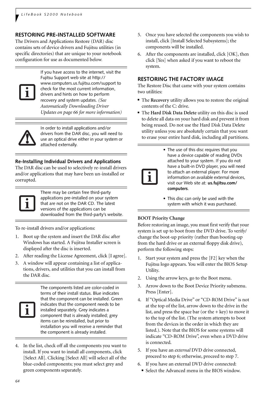 Fujitsu Siemens Computers S2210 manual Restoring PRE-INSTALLED Software, Restoring the Factory Image, Boot Priority Change 
