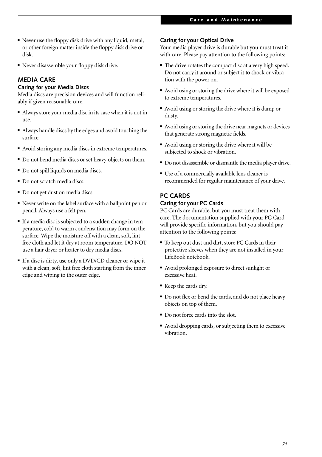 Fujitsu Siemens Computers S2210 manual Media Care, PC Cards, Caring for your Media Discs, Caring for your Optical Drive 