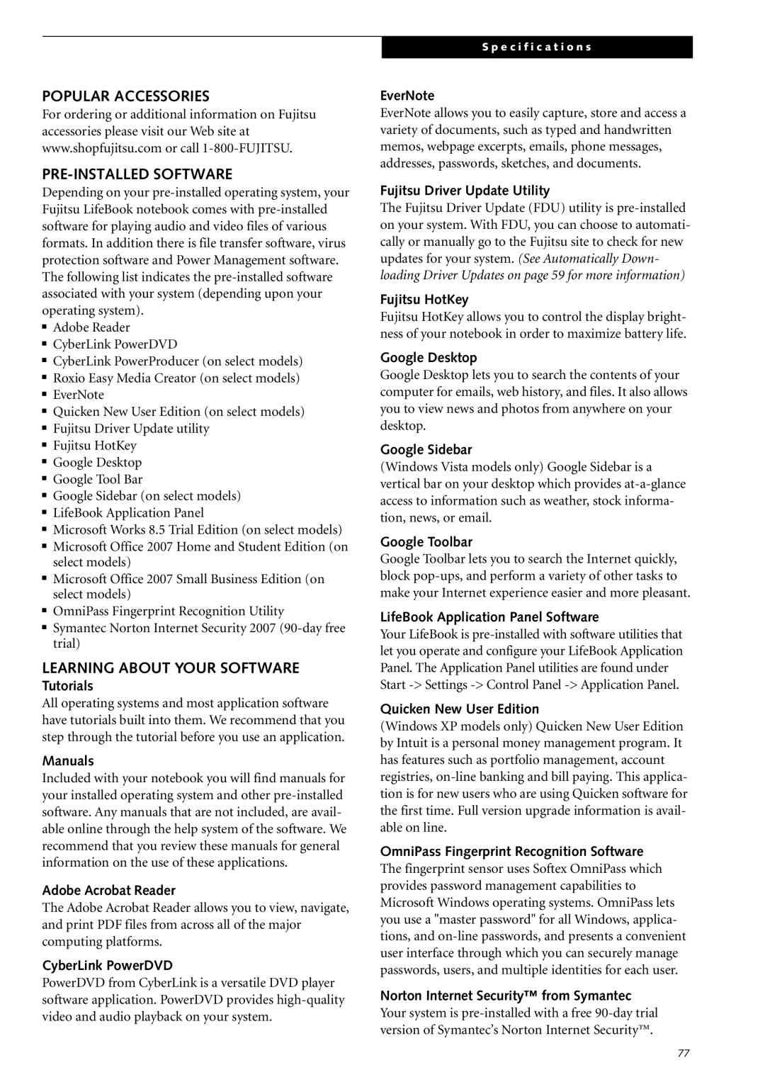 Fujitsu Siemens Computers S2210 manual Popular Accessories PRE-INSTALLED Software, Learning about Your Software 