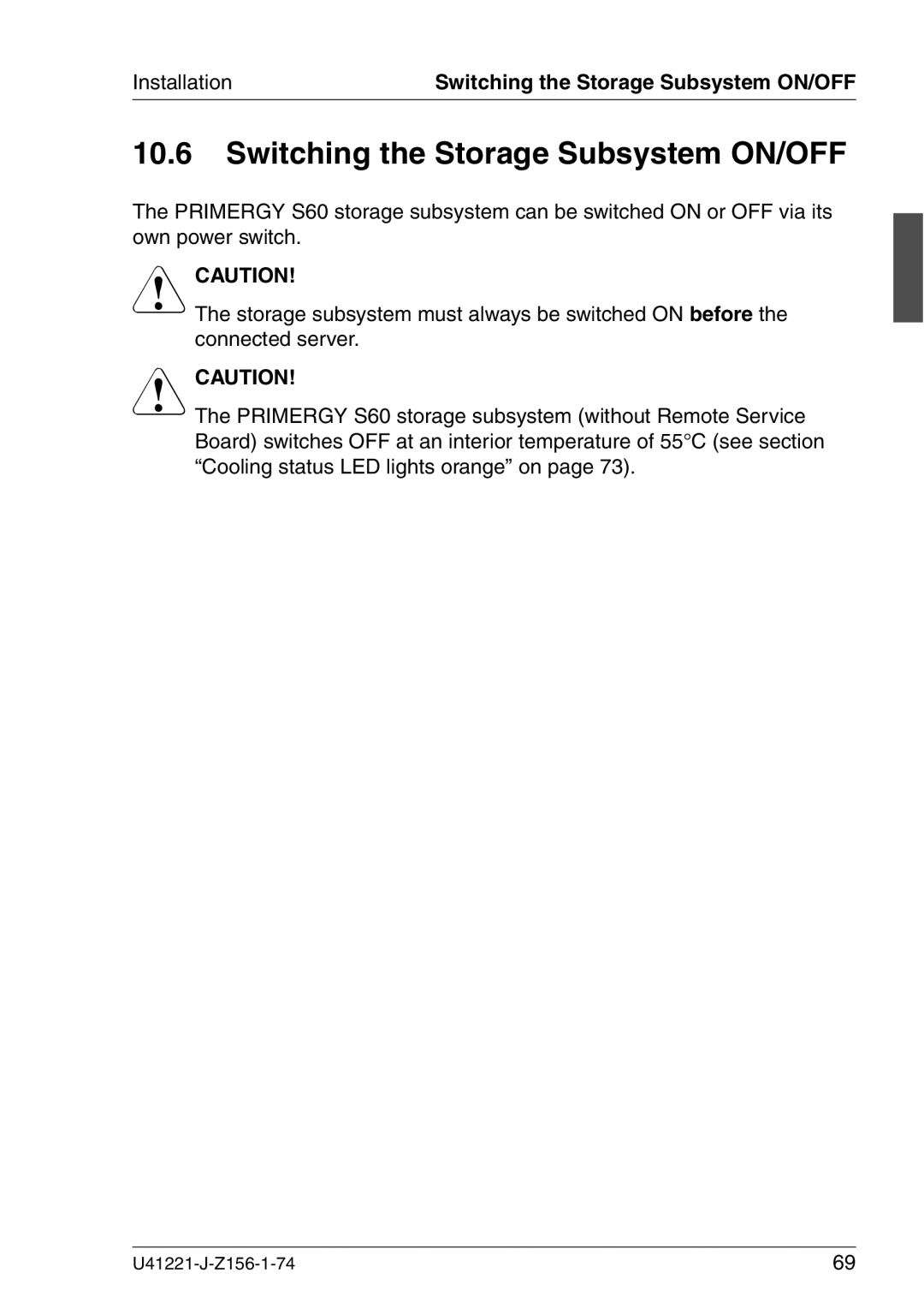 Fujitsu Siemens Computers S60 manual Switching the Storage Subsystem ON/OFF 