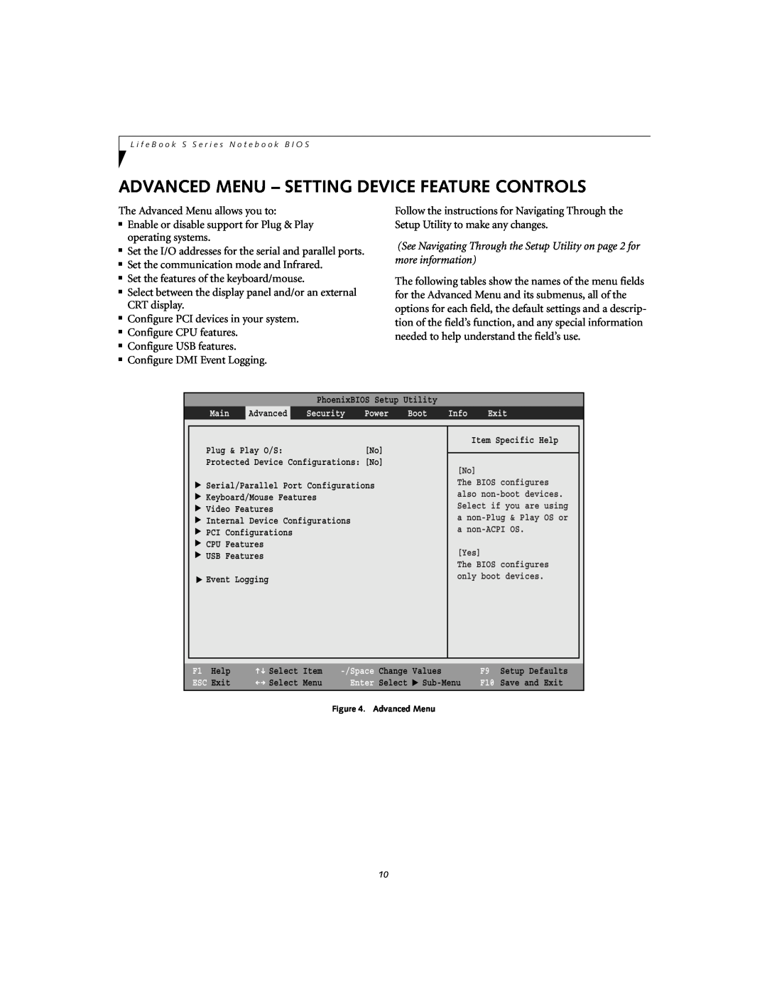 Fujitsu Siemens Computers S6010 manual Advanced Menu - Setting Device Feature Controls 