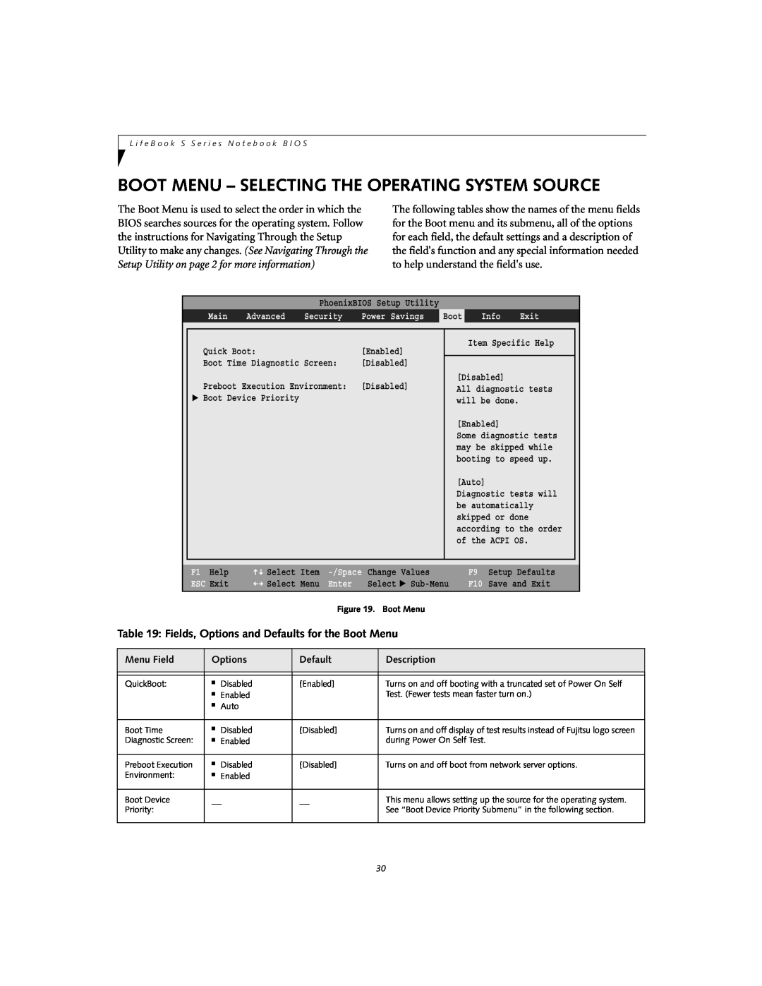 Fujitsu Siemens Computers S6010 Boot Menu - Selecting The Operating System Source, Main, Advanced, Security, Info, Exit 