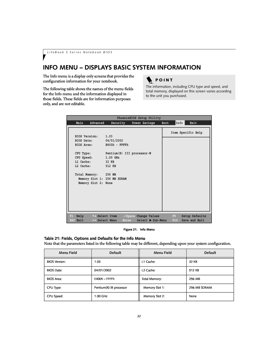 Fujitsu Siemens Computers S6010 manual Info Menu - Displays Basic System Information, P O I N T, Advanced 