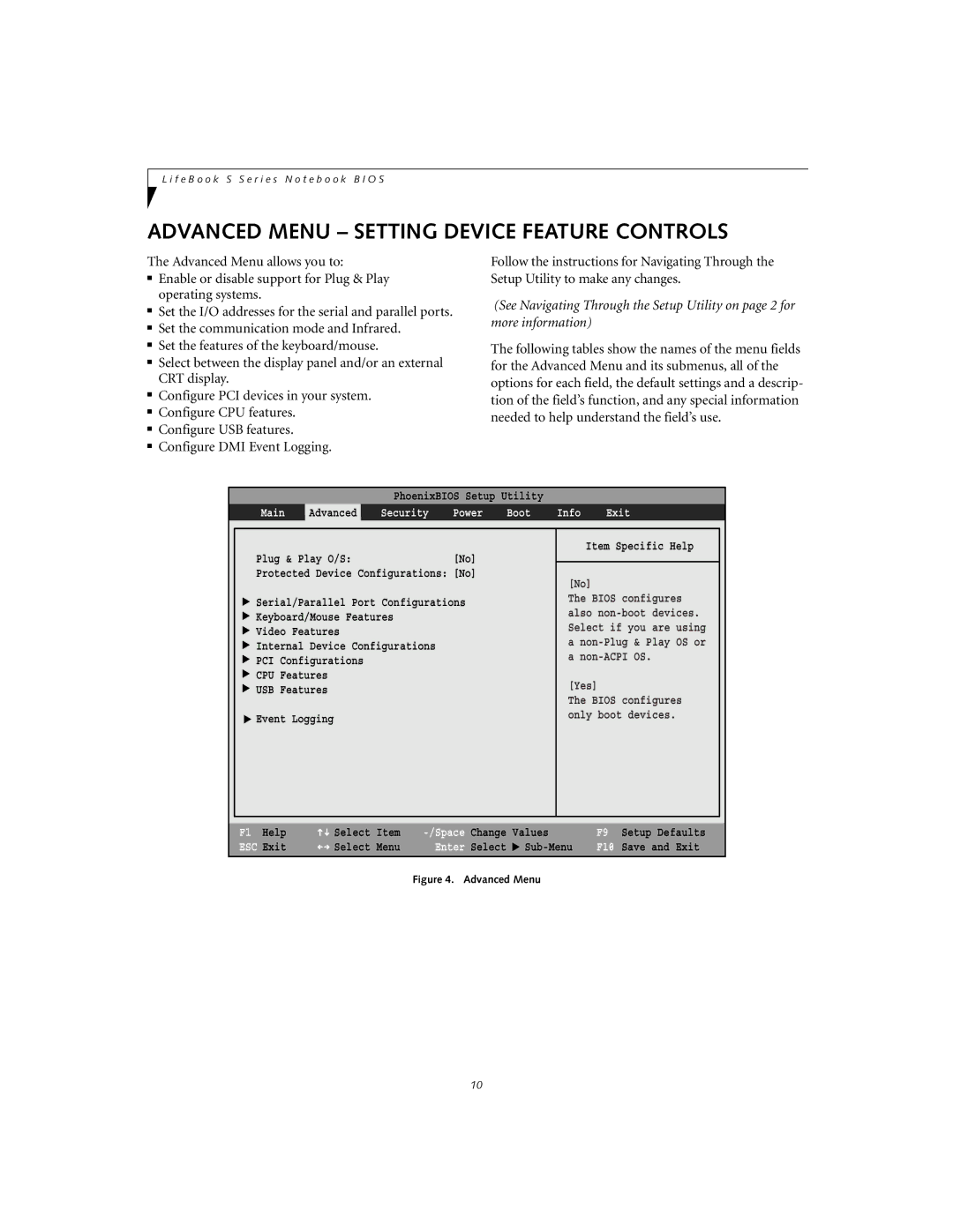 Fujitsu Siemens Computers S6010 manual Advanced Menu Setting Device Feature Controls, Security Power Boot Info Exit 