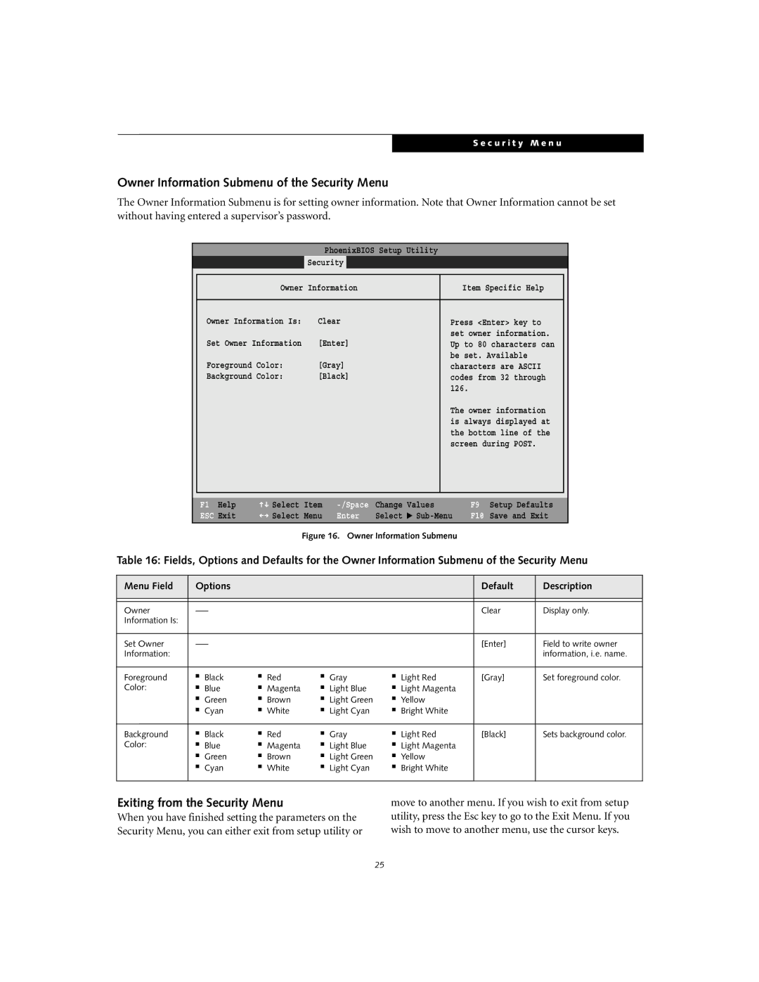 Fujitsu Siemens Computers S6010 manual Owner Information Submenu of the Security Menu, Exiting from the Security Menu 