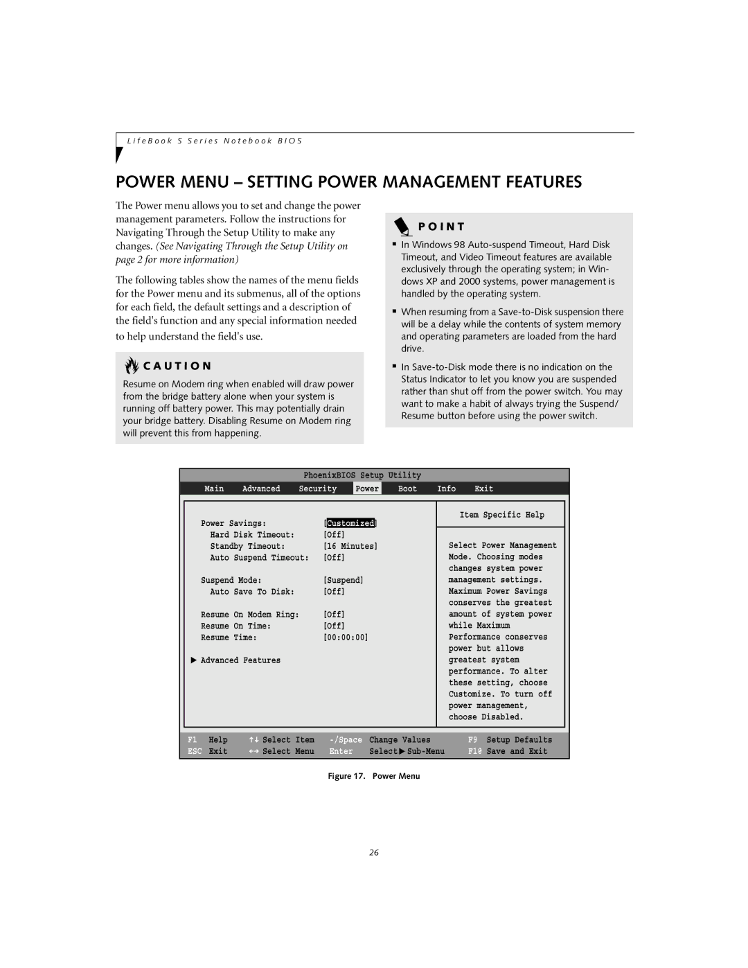 Fujitsu Siemens Computers S6010 manual Power Menu Setting Power Management Features 