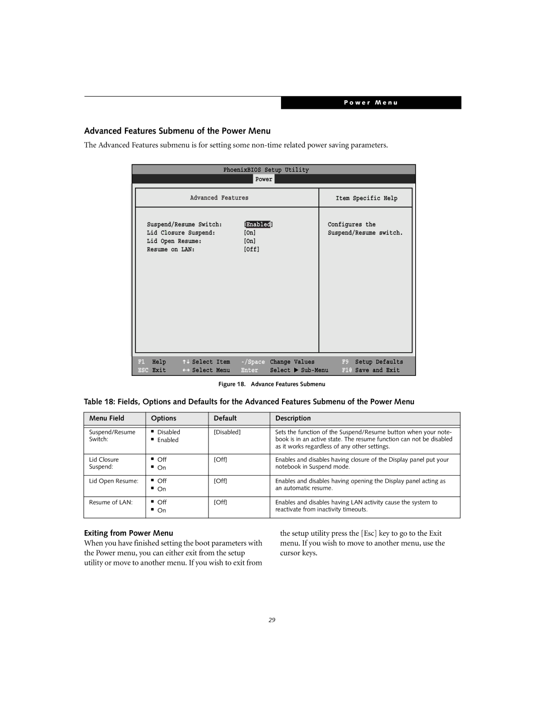 Fujitsu Siemens Computers S6010 Advanced Features Submenu of the Power Menu, Exiting from Power Menu, Lid Closure Off 