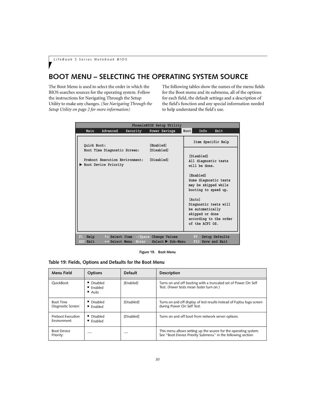 Fujitsu Siemens Computers S6010 manual Boot Menu Selecting the Operating System Source 