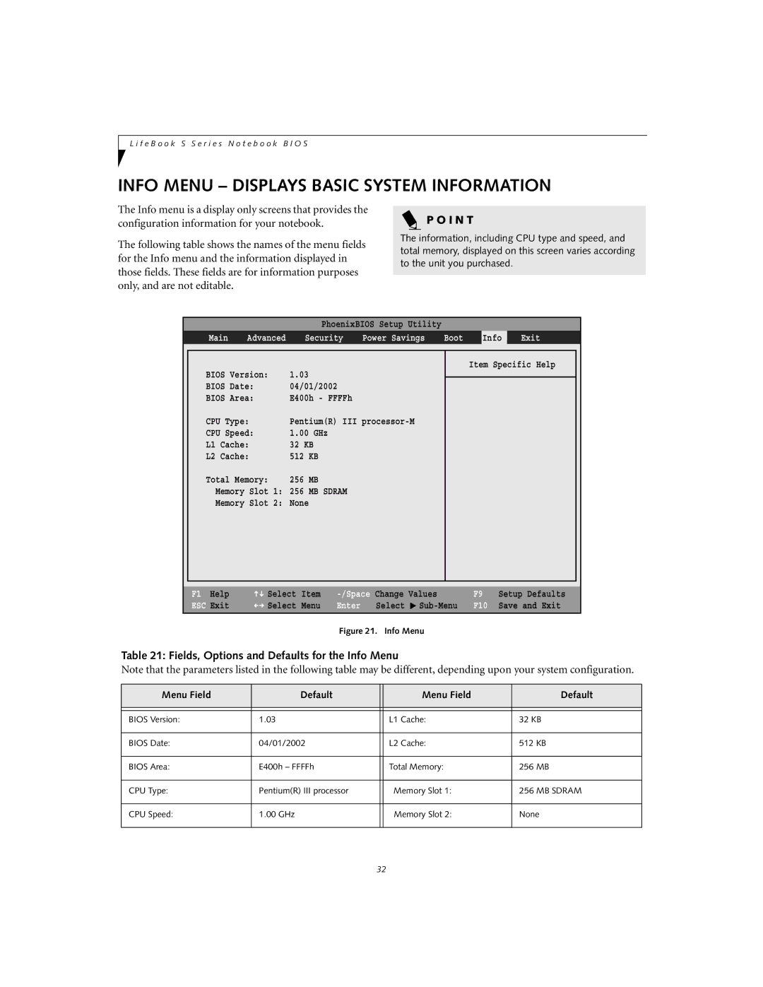 Fujitsu Siemens Computers S6010 manual Info Menu Displays Basic System Information, CPU Speed 00 GHz Memory Slot None 