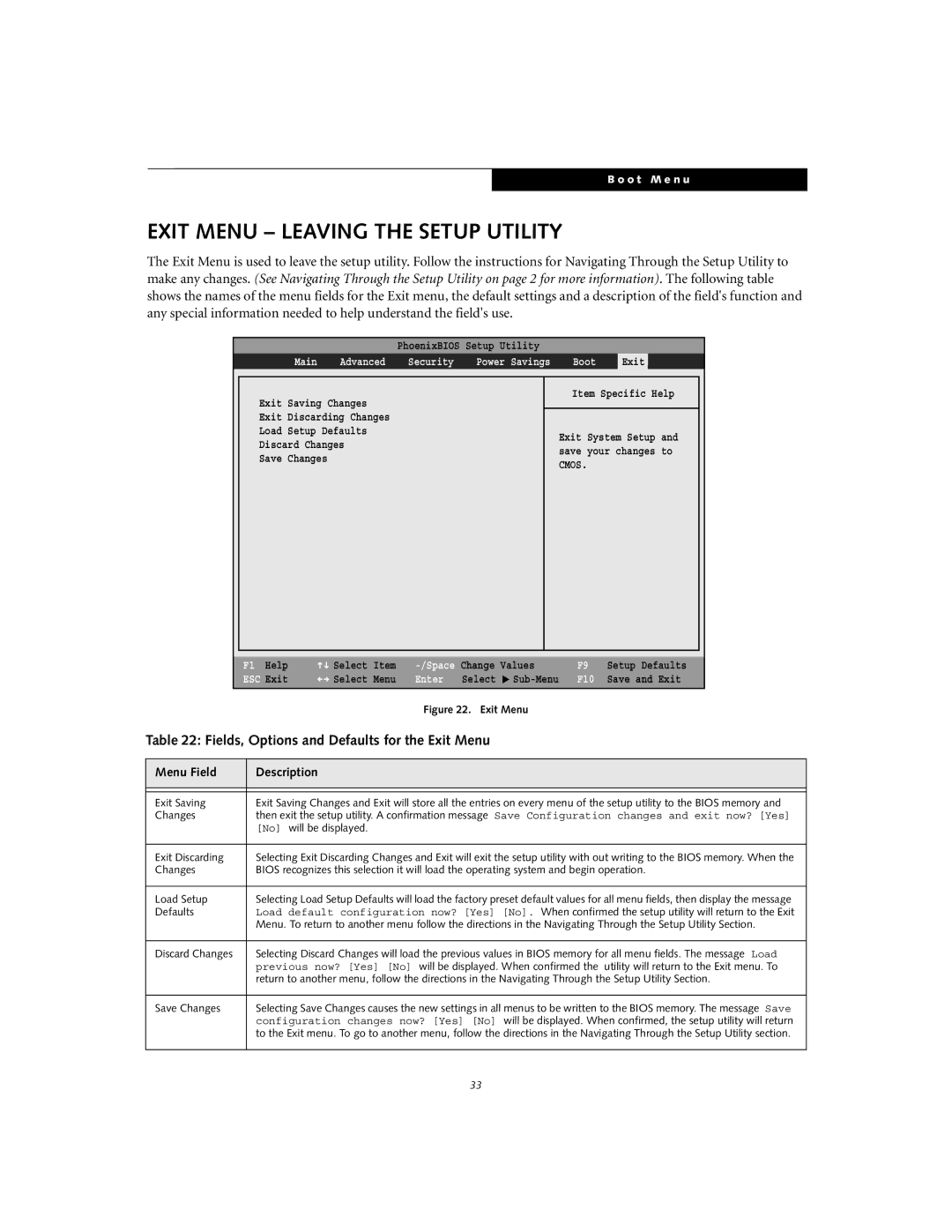 Fujitsu Siemens Computers S6010 manual Exit Menu Leaving the Setup Utility, Fields, Options and Defaults for the Exit Menu 