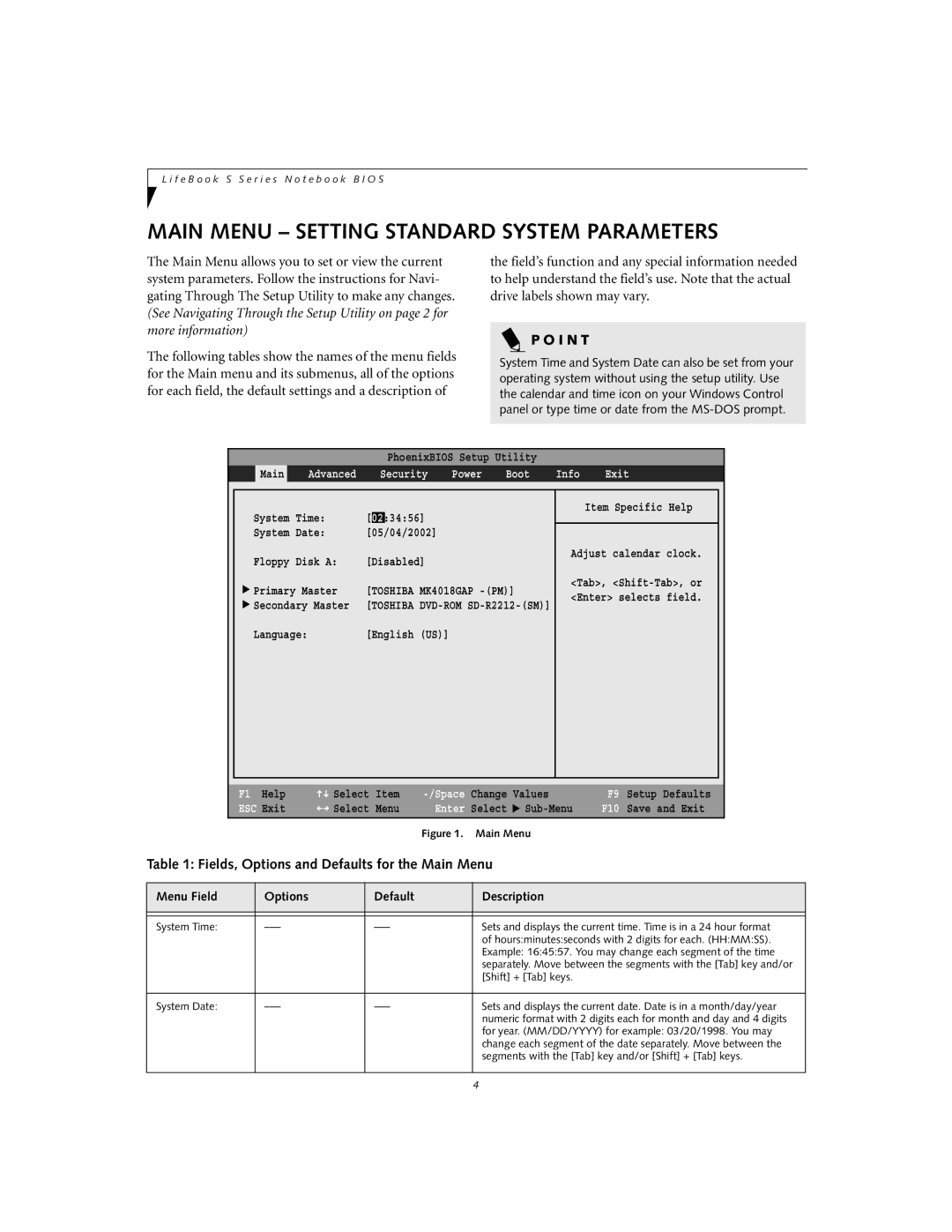 Fujitsu Siemens Computers S6010 manual Main Menu Setting Standard System Parameters 