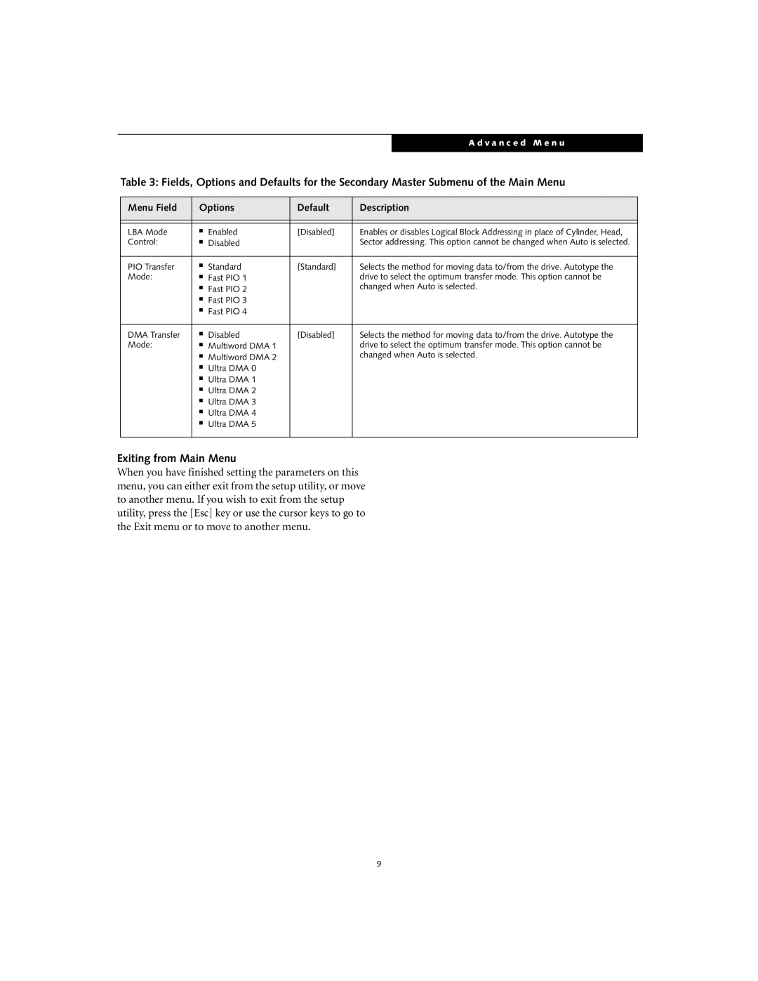 Fujitsu Siemens Computers S6010 manual Exiting from Main Menu, LBA Mode Enabled Disabled, Control Disabled 