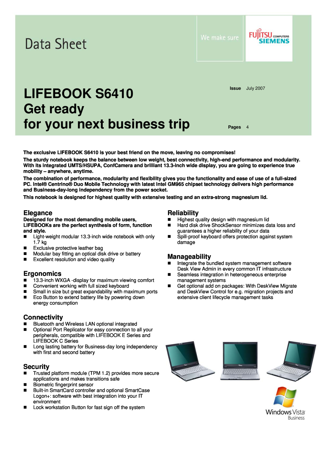 Fujitsu Siemens Computers manual LIFEBOOK S6410 Get ready for your next business trip, Elegance, Ergonomics, Security 