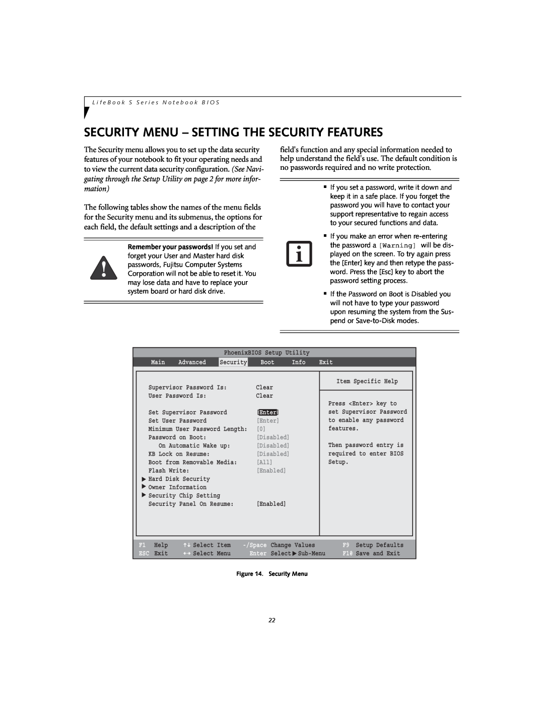 Fujitsu Siemens Computers S7110 manual Security Menu - Setting The Security Features, Enter 