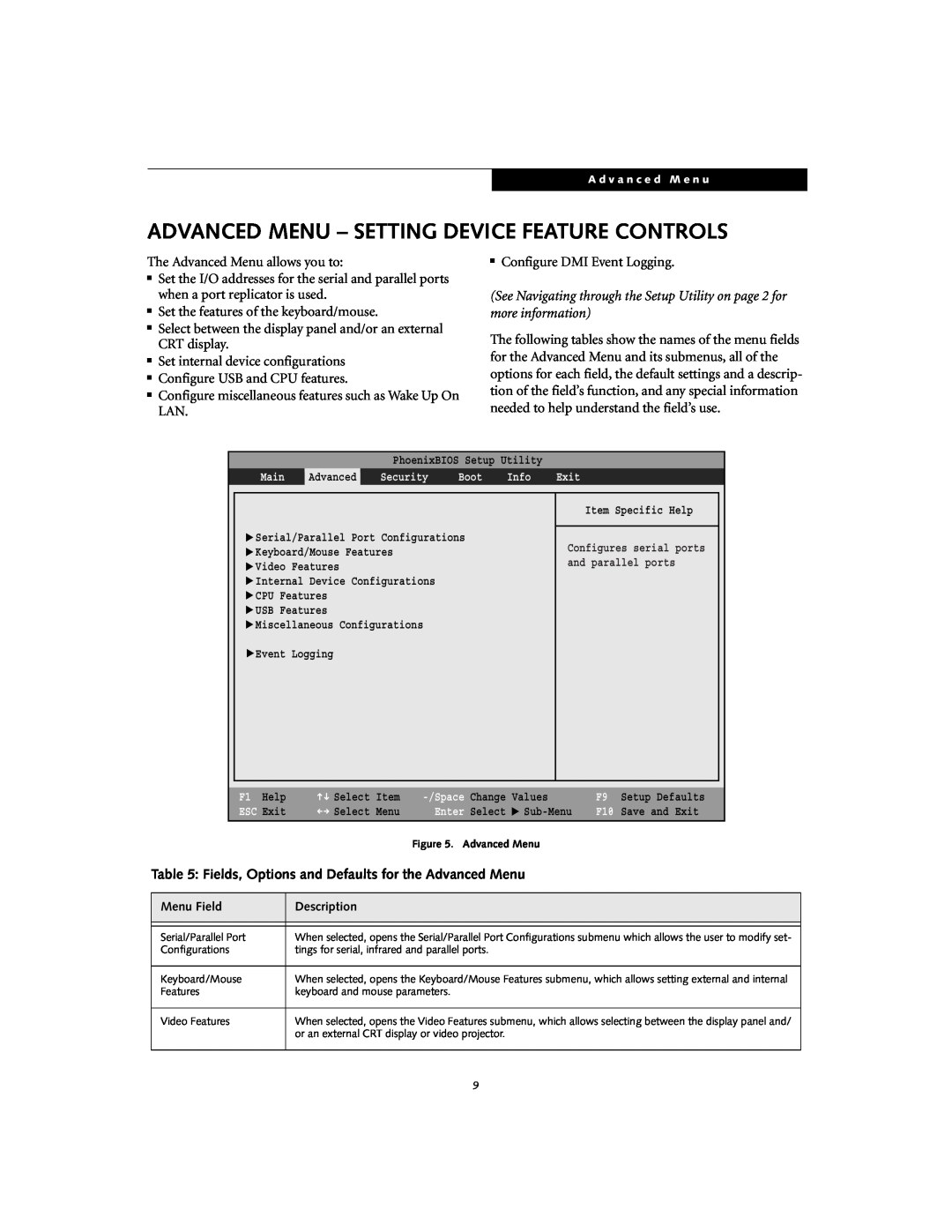 Fujitsu Siemens Computers S7110 manual Advanced Menu - Setting Device Feature Controls 