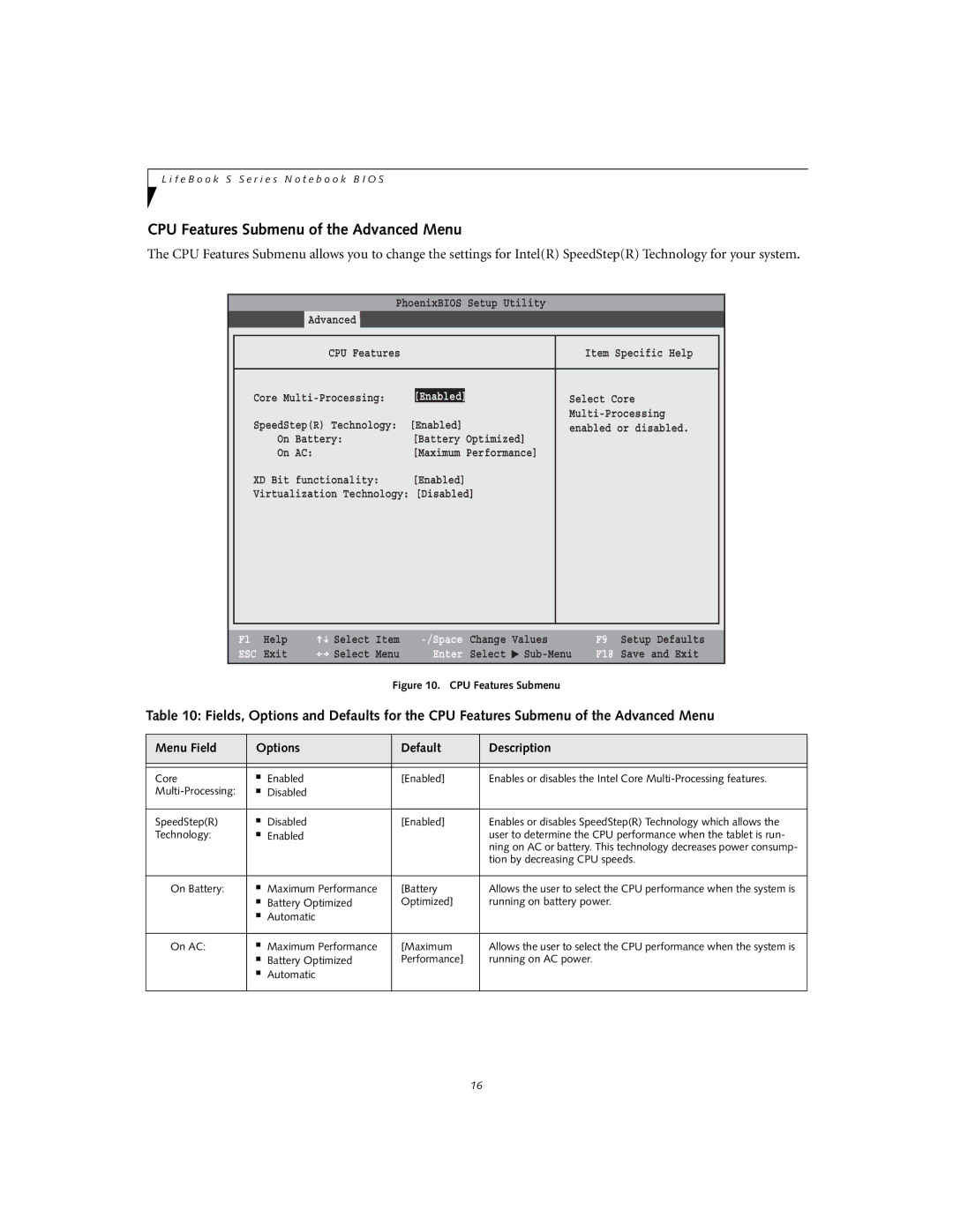 Fujitsu Siemens Computers S7110 manual CPU Features Submenu of the Advanced Menu, Tion by decreasing CPU speeds 