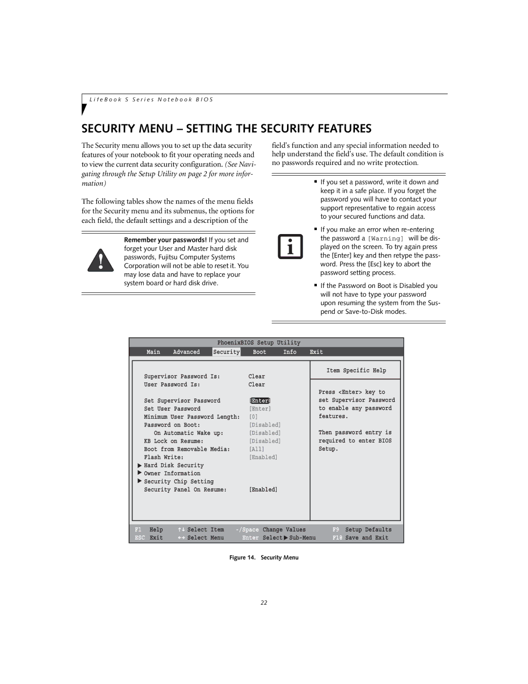 Fujitsu Siemens Computers S7110 manual Security Menu Setting the Security Features, Info Exit 