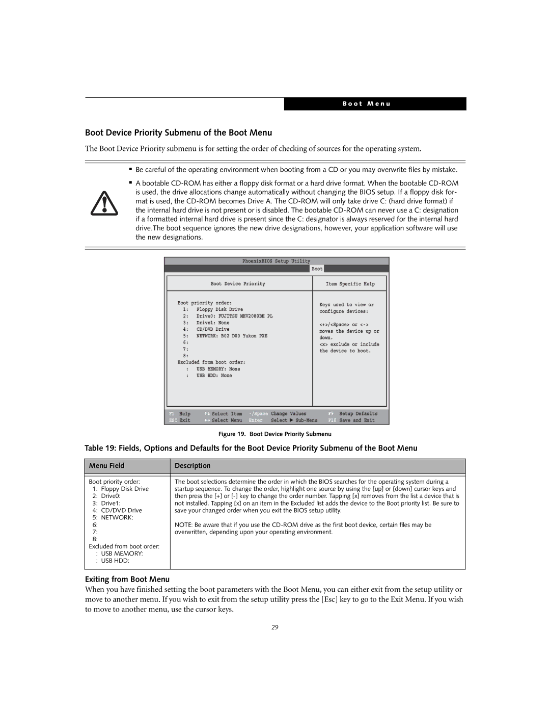 Fujitsu Siemens Computers S7110 manual Boot Device Priority Submenu of the Boot Menu, Exiting from Boot Menu, Drive0 