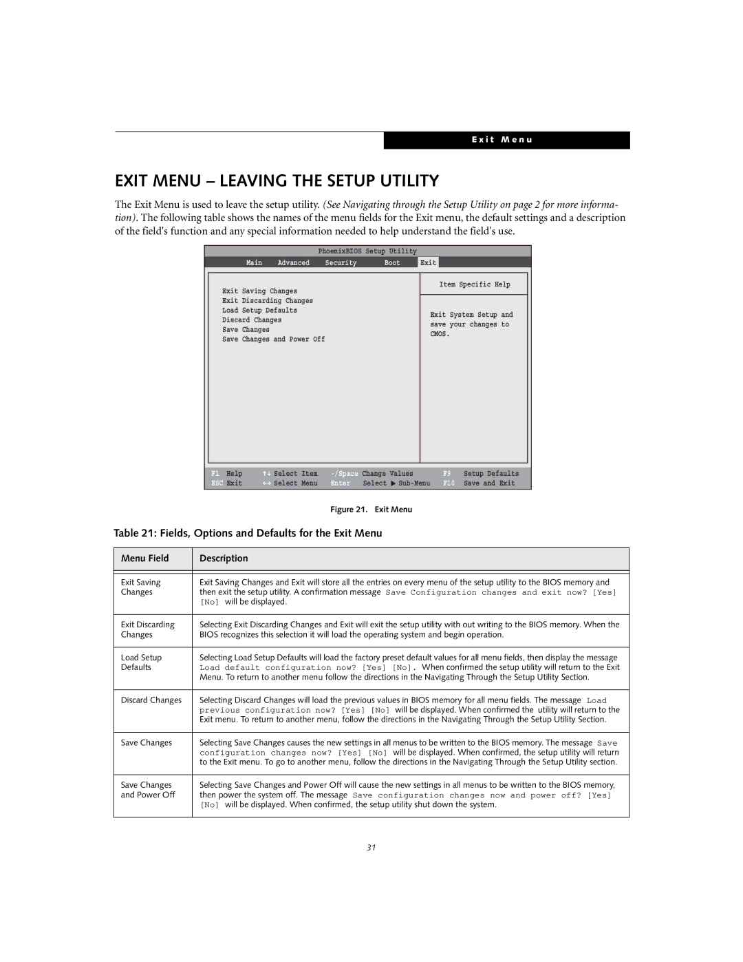 Fujitsu Siemens Computers S7110 manual Exit Menu Leaving the Setup Utility, Fields, Options and Defaults for the Exit Menu 