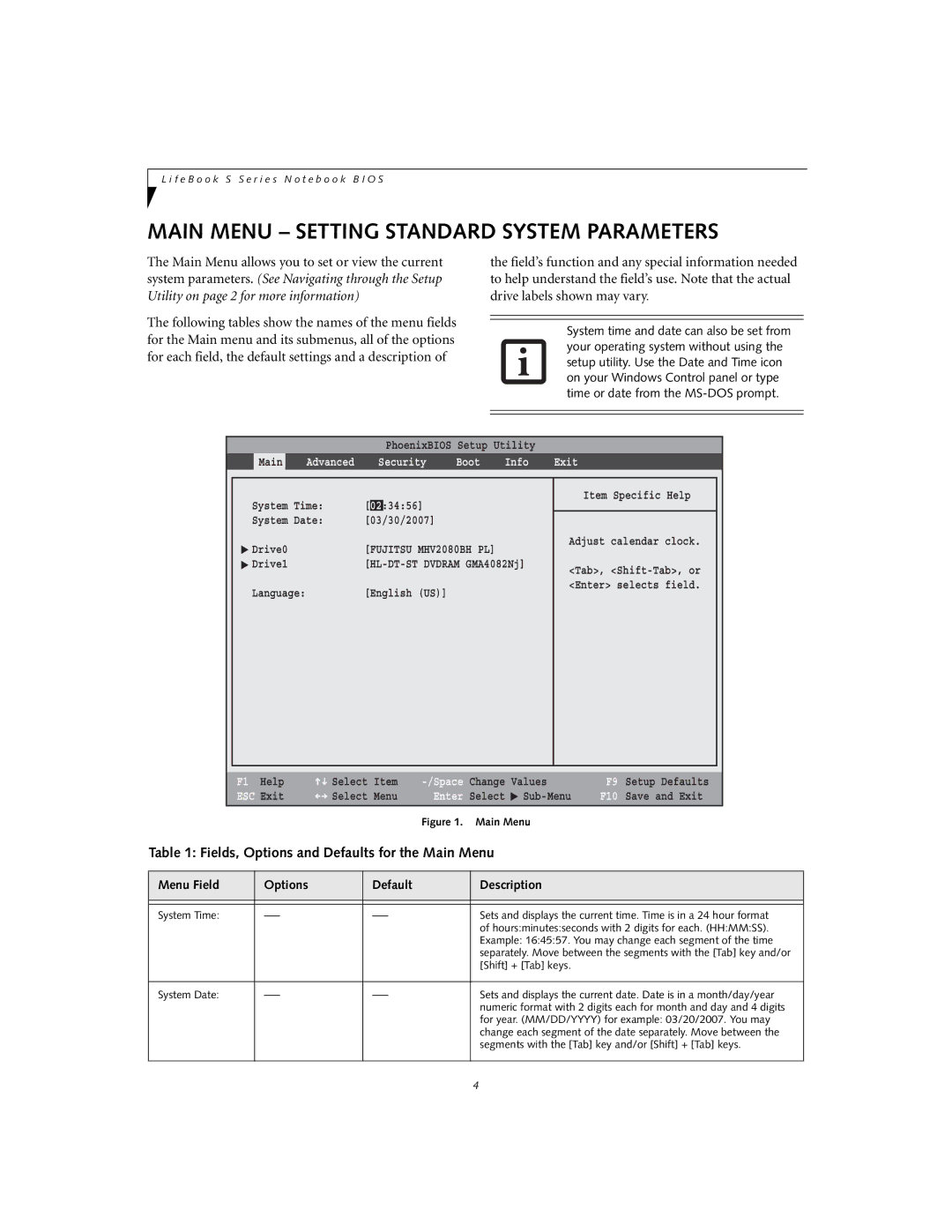 Fujitsu Siemens Computers S7110 manual Main Menu Setting Standard System Parameters 