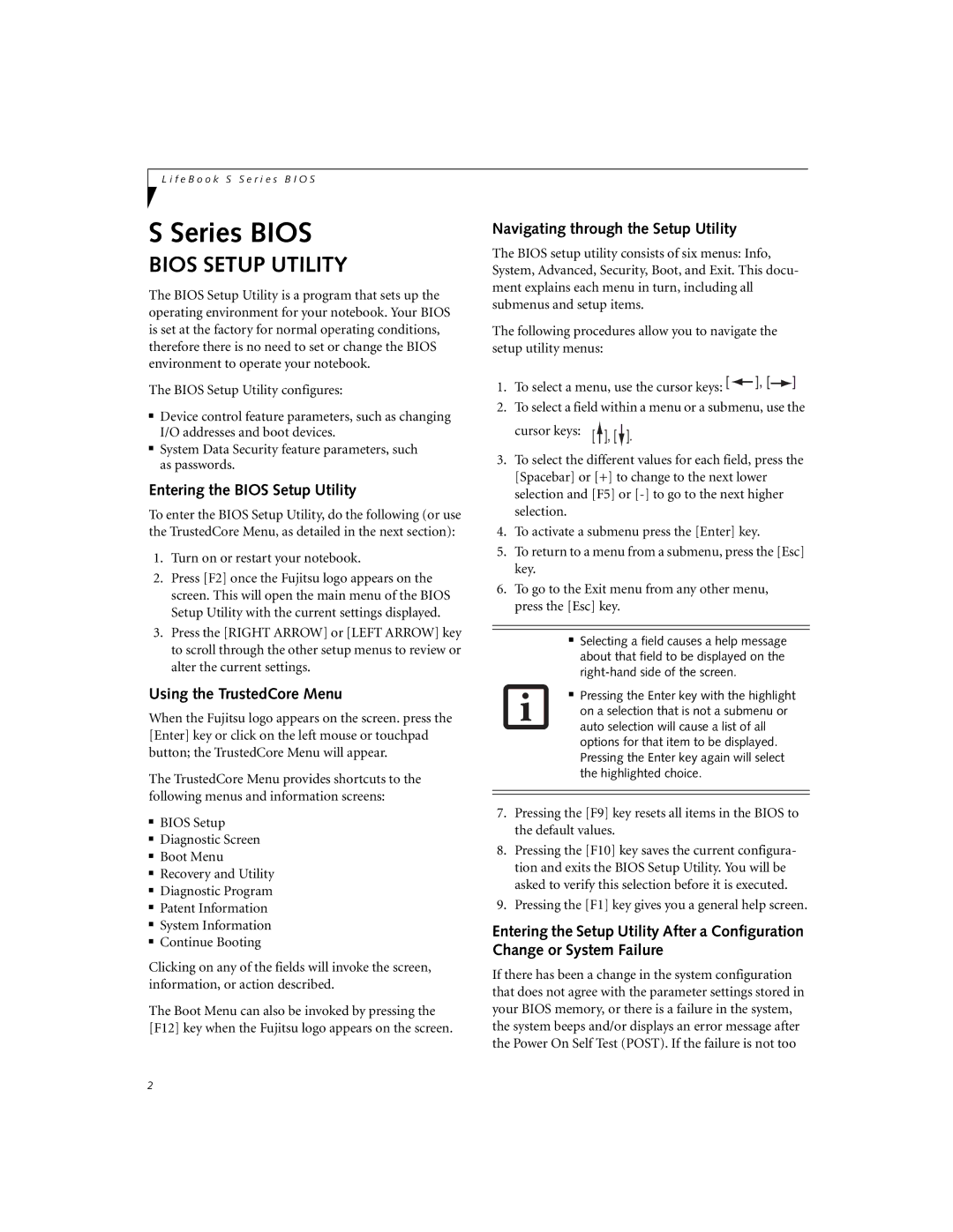 Fujitsu Siemens Computers S7210, S7211 manual Entering the Bios Setup Utility, Using the TrustedCore Menu 